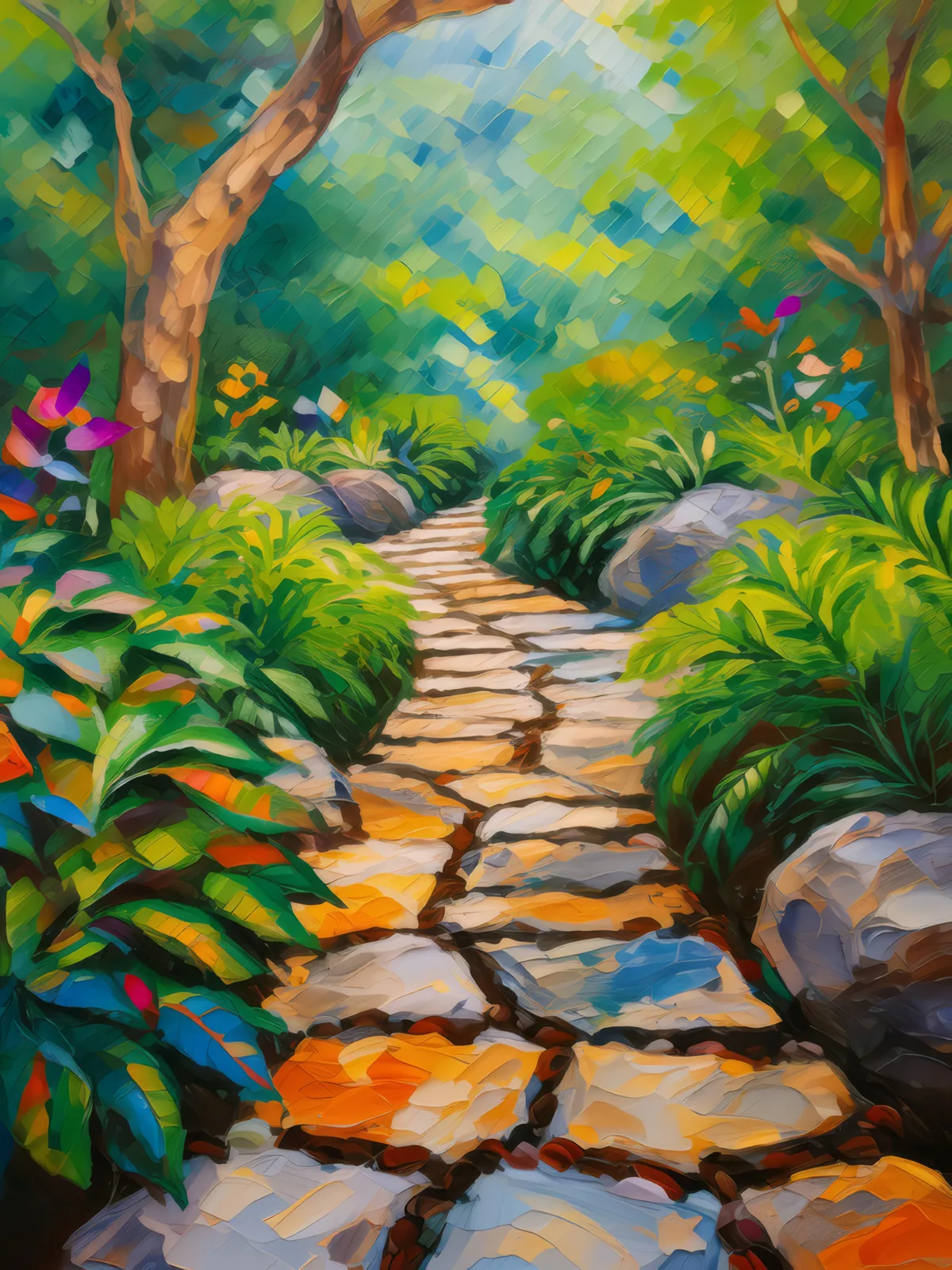 Rock-Patterned Walkway, a palette-knife oil landscape by Emma Mickelberg