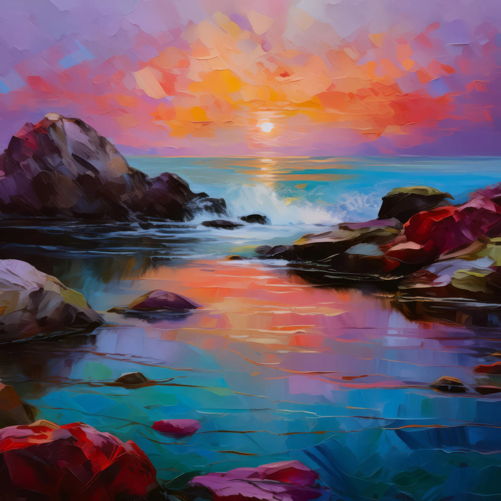 Rock Pool Dusk Reflections, a palette-knife oil landscape by Emma Mickelberg