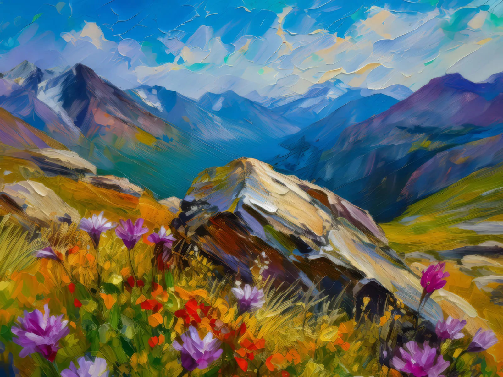 Rocky Alpine Outcrop, a palette-knife oil landscape by Emma Mickelberg