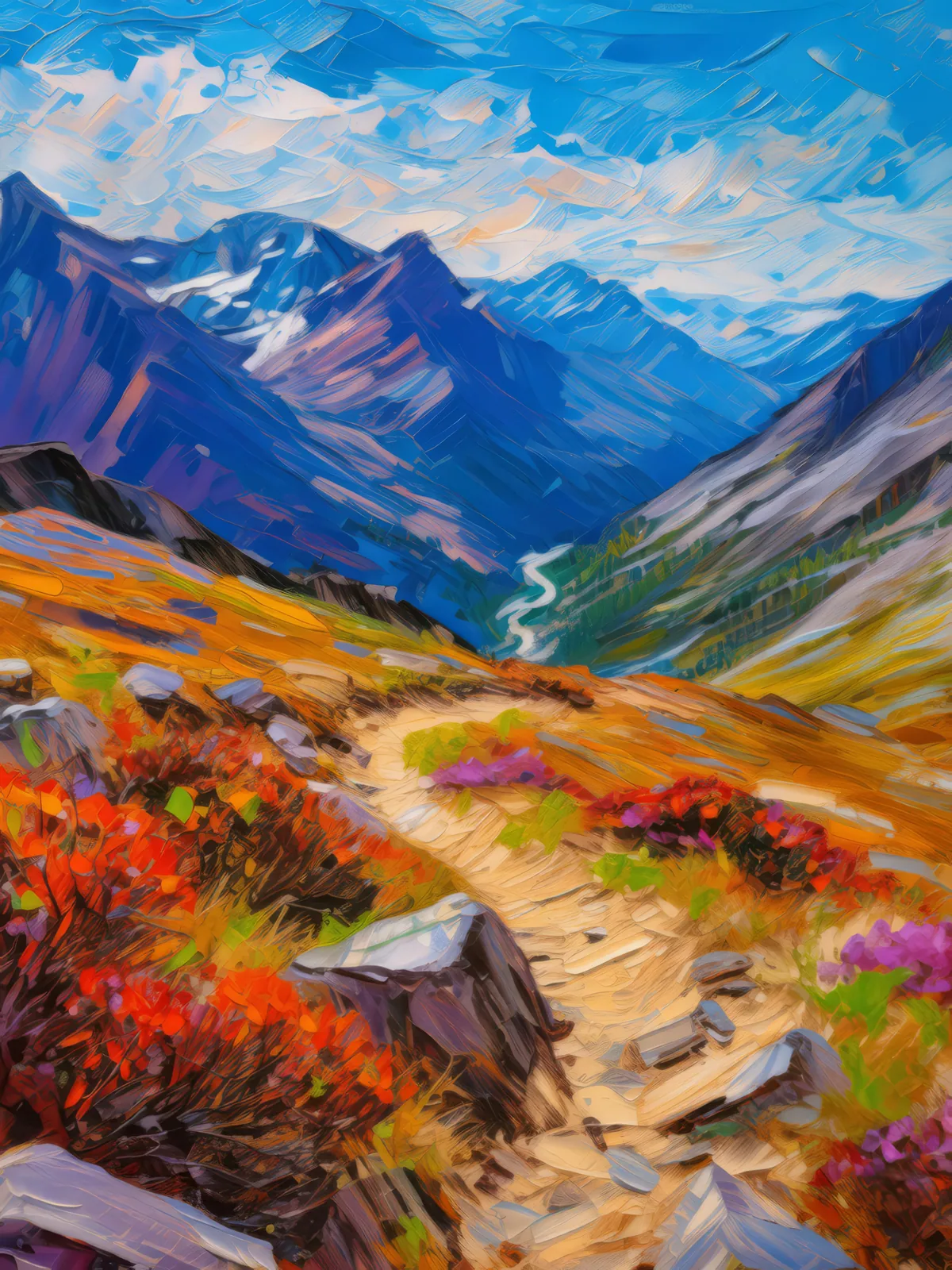 Rocky Alpine Trail, a palette-knife oil landscape by Emma Mickelberg