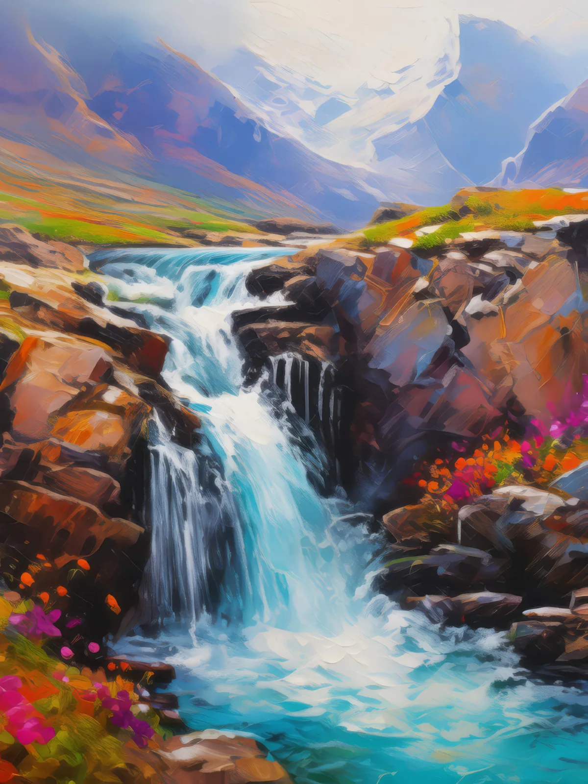Rocky Alpine Waterfall, a palette-knife oil landscape by Emma Mickelberg
