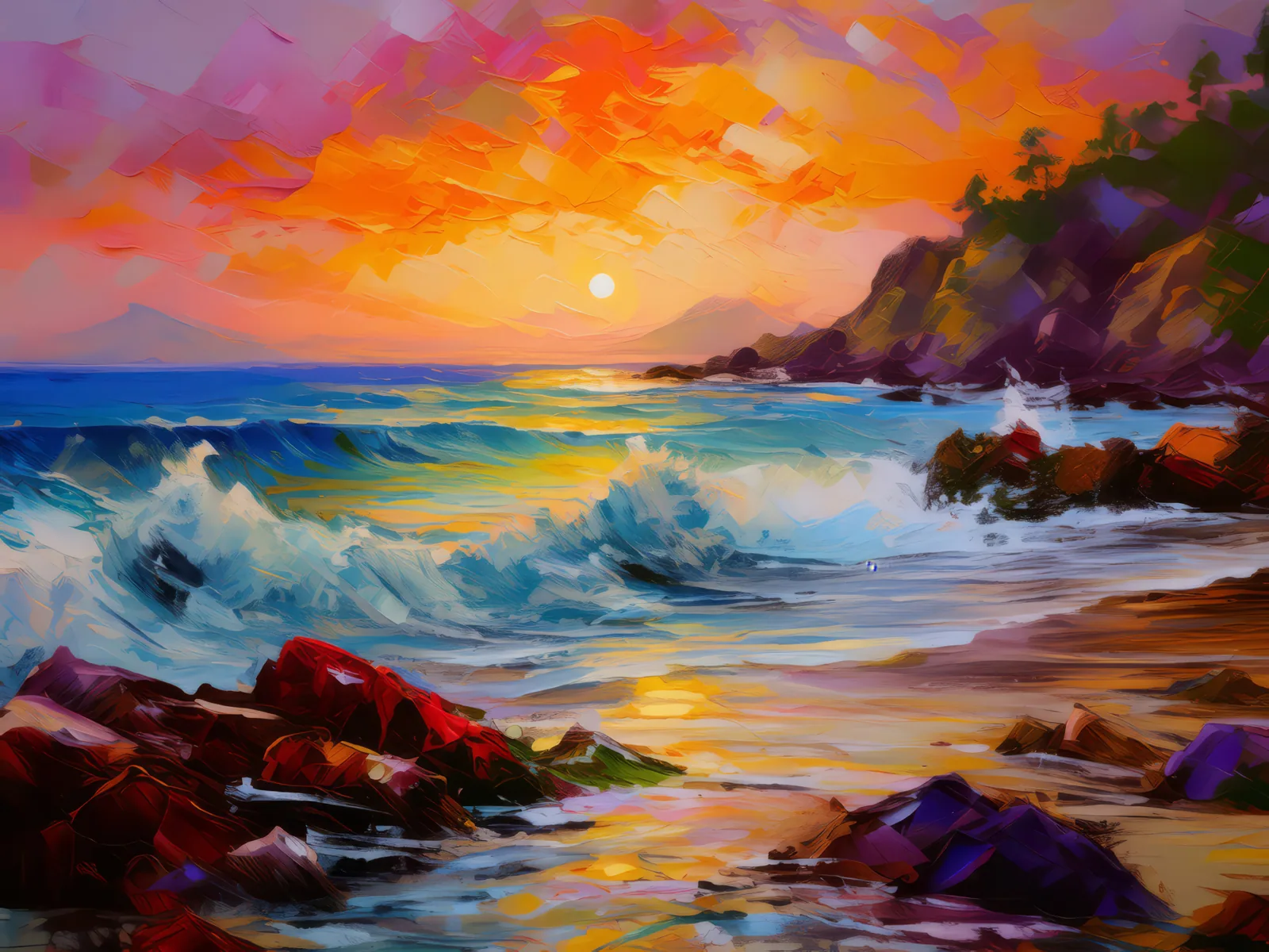 Rocky Beach Sunset, a palette-knife oil landscape by Emma Mickelberg