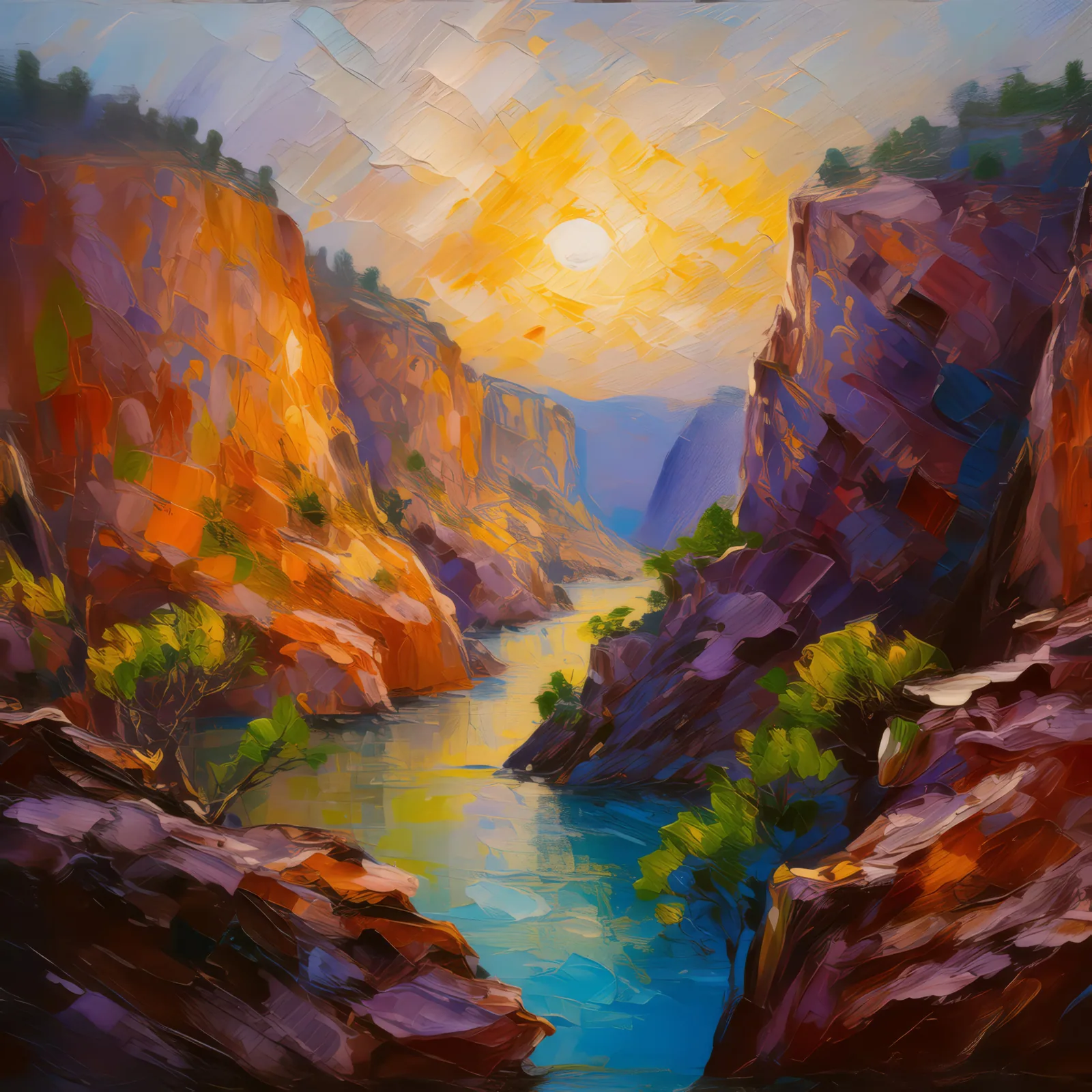 Rocky Canyon Sunrise, a palette-knife oil landscape by Emma Mickelberg