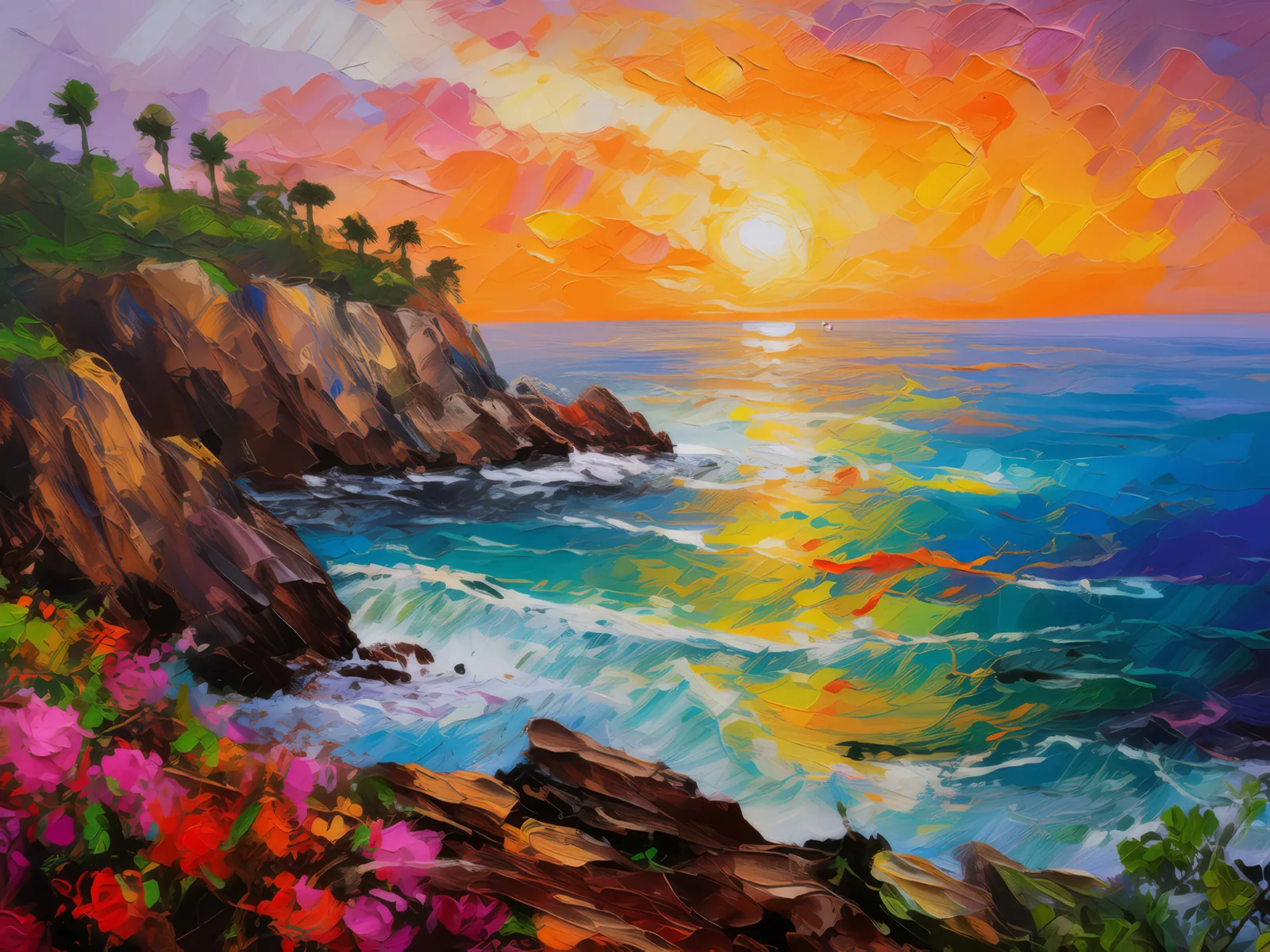 Rocky Cliffside Sunset, a palette-knife oil landscape by Emma Mickelberg