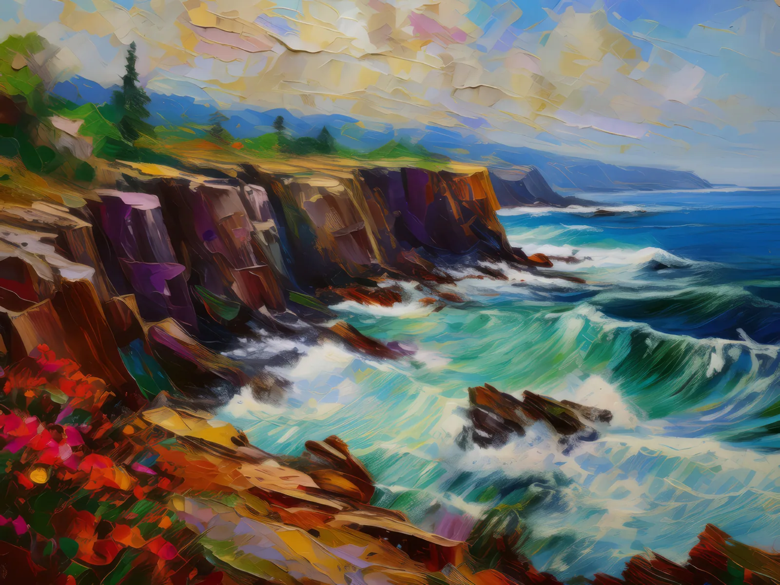 Rocky Coastal Bluff, a palette-knife oil landscape by Emma Mickelberg