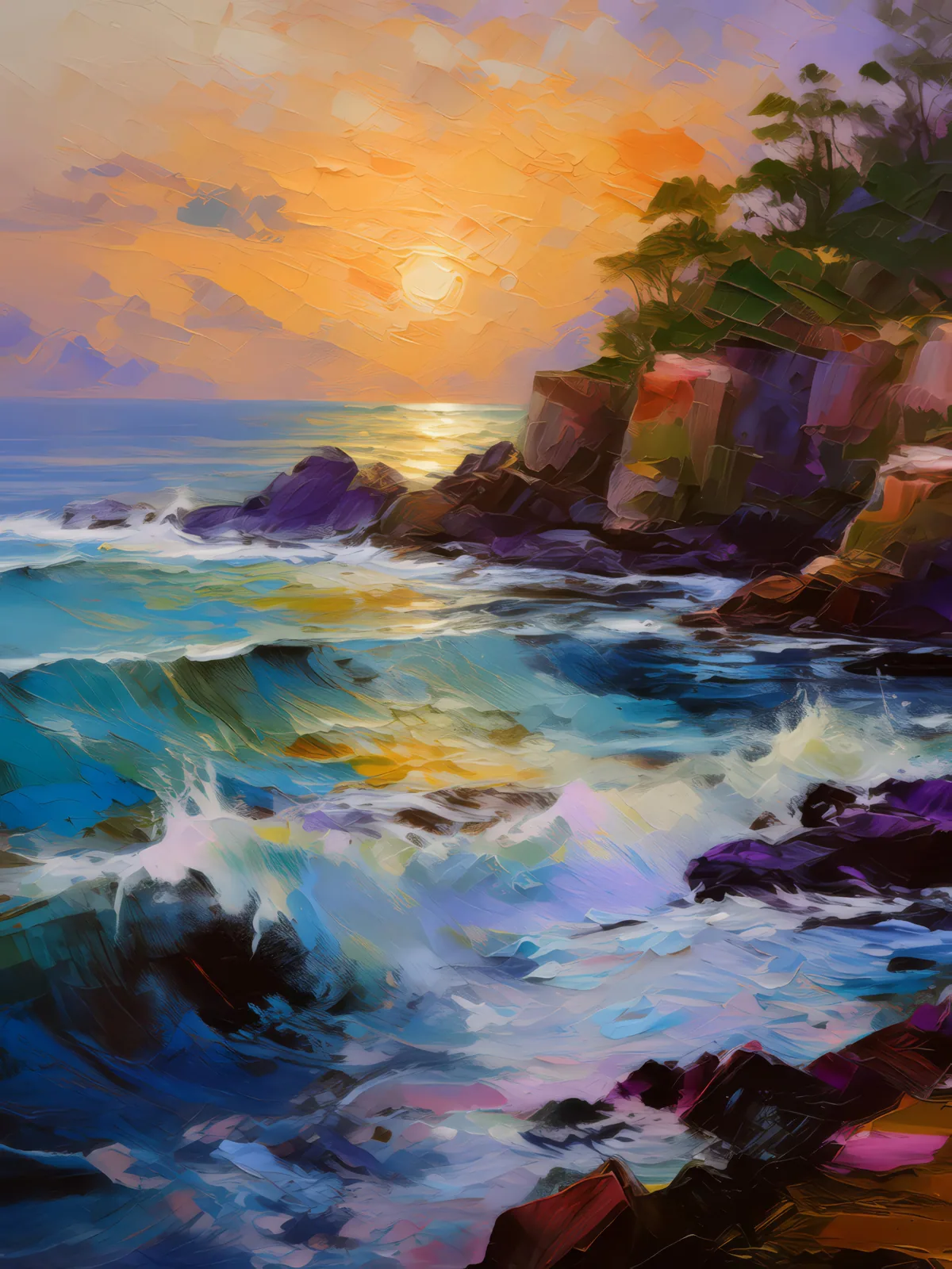 Rocky Coastline at Dawn, a palette-knife oil landscape by Emma Mickelberg
