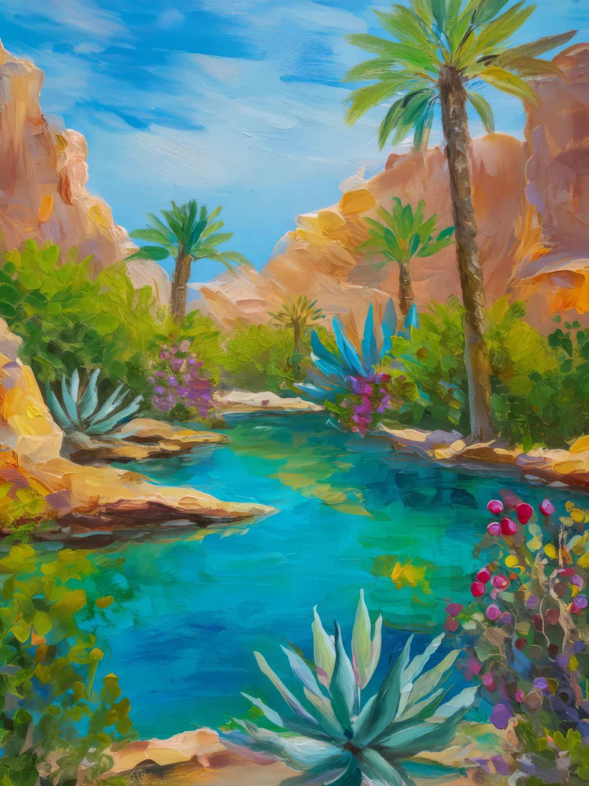 Rocky Desert Oasis, a palette-knife oil landscape by Emma Mickelberg