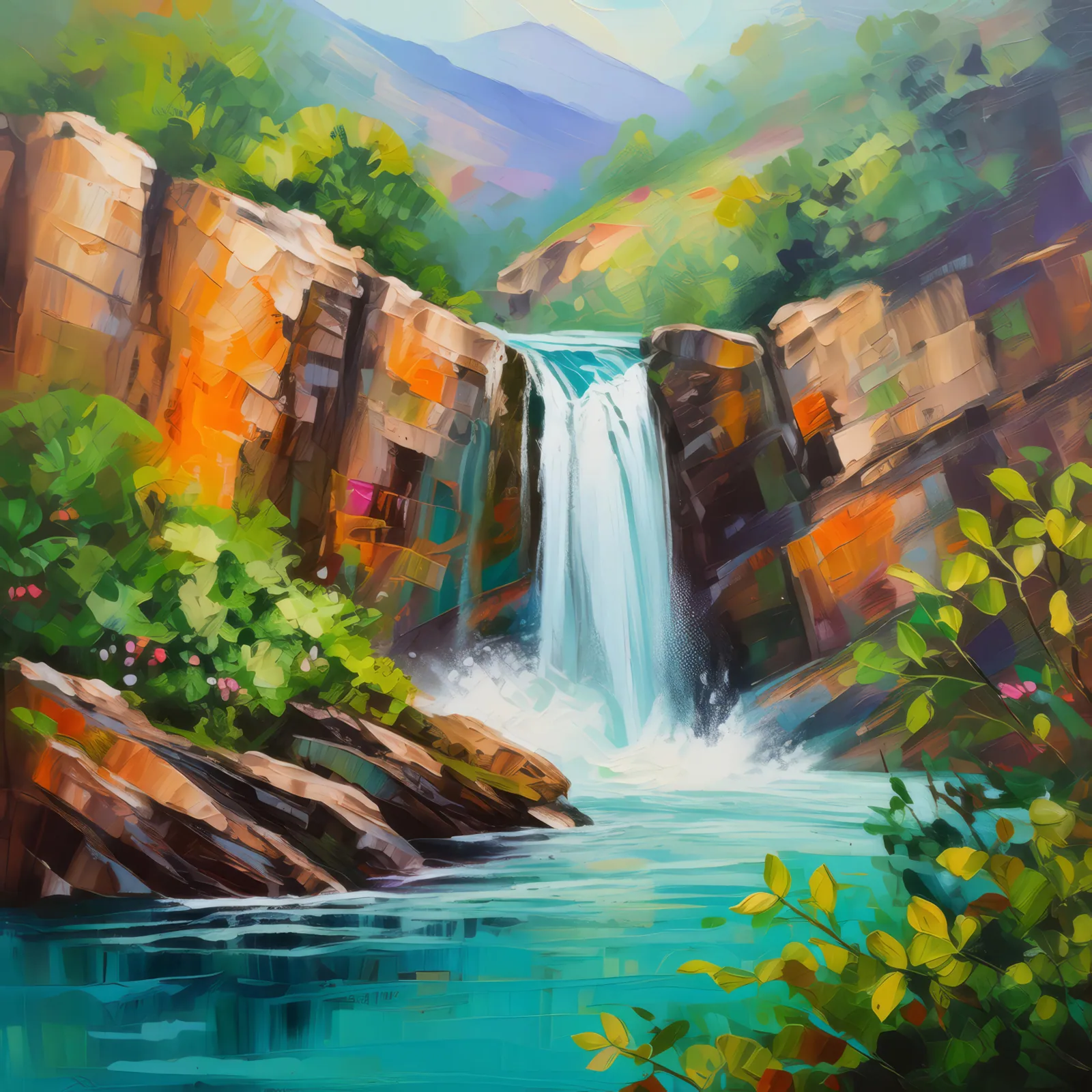 Rocky Gorge Waterfall Spectacle, a palette-knife oil landscape by Emma Mickelberg