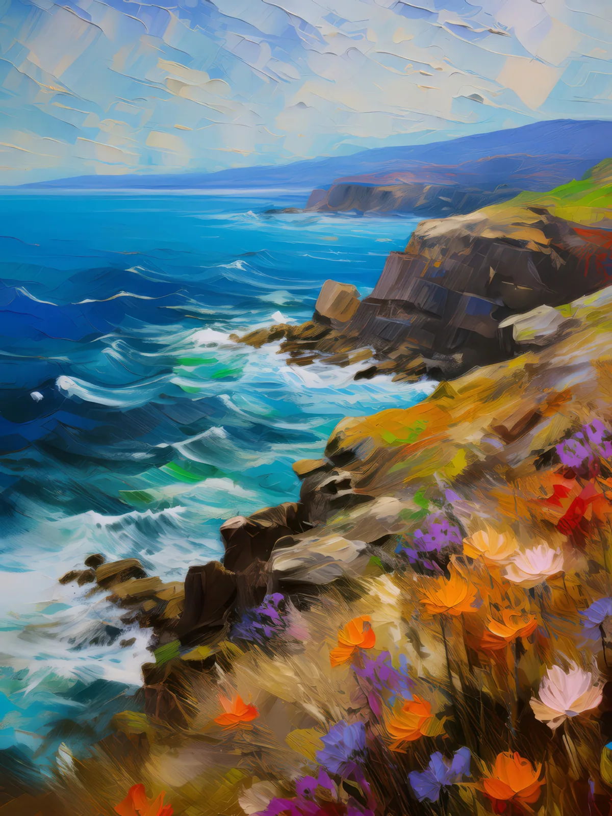 Rocky Hill Overlooking Ocean, a palette-knife oil landscape by Emma Mickelberg