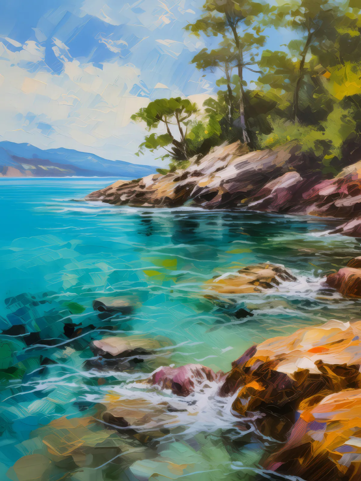 Rocky Lagoon Shore, a palette-knife oil landscape by Emma Mickelberg
