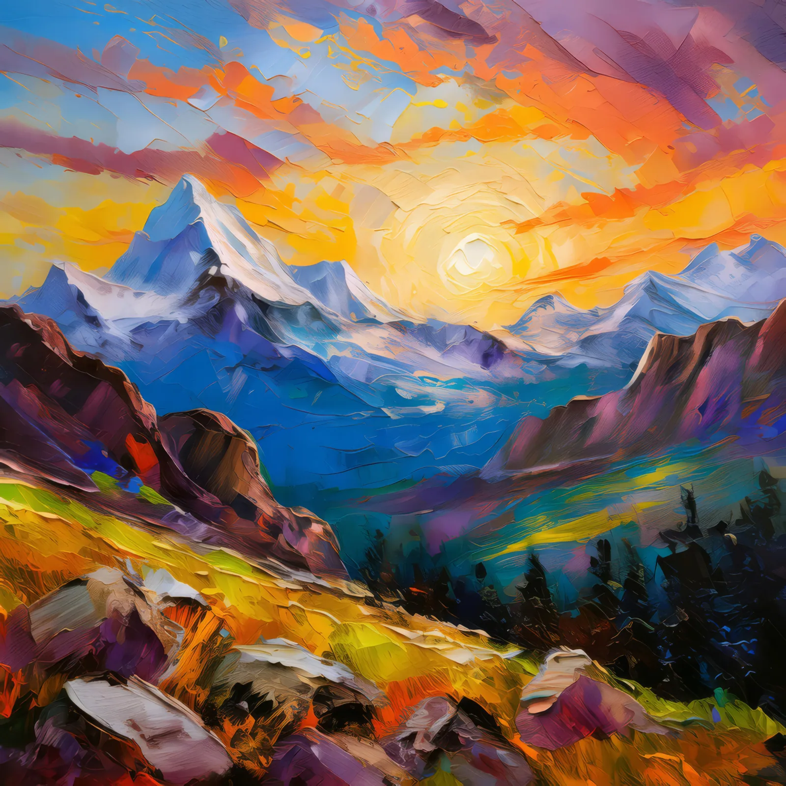 Rocky Mountain Majesty, a palette-knife oil landscape by Emma Mickelberg