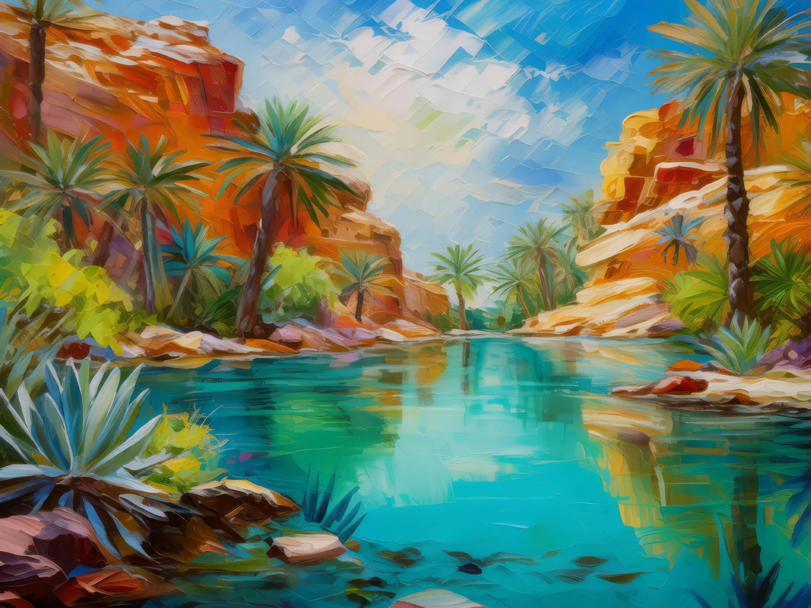 Rocky Oasis Refuge, a palette-knife oil landscape by Emma Mickelberg
