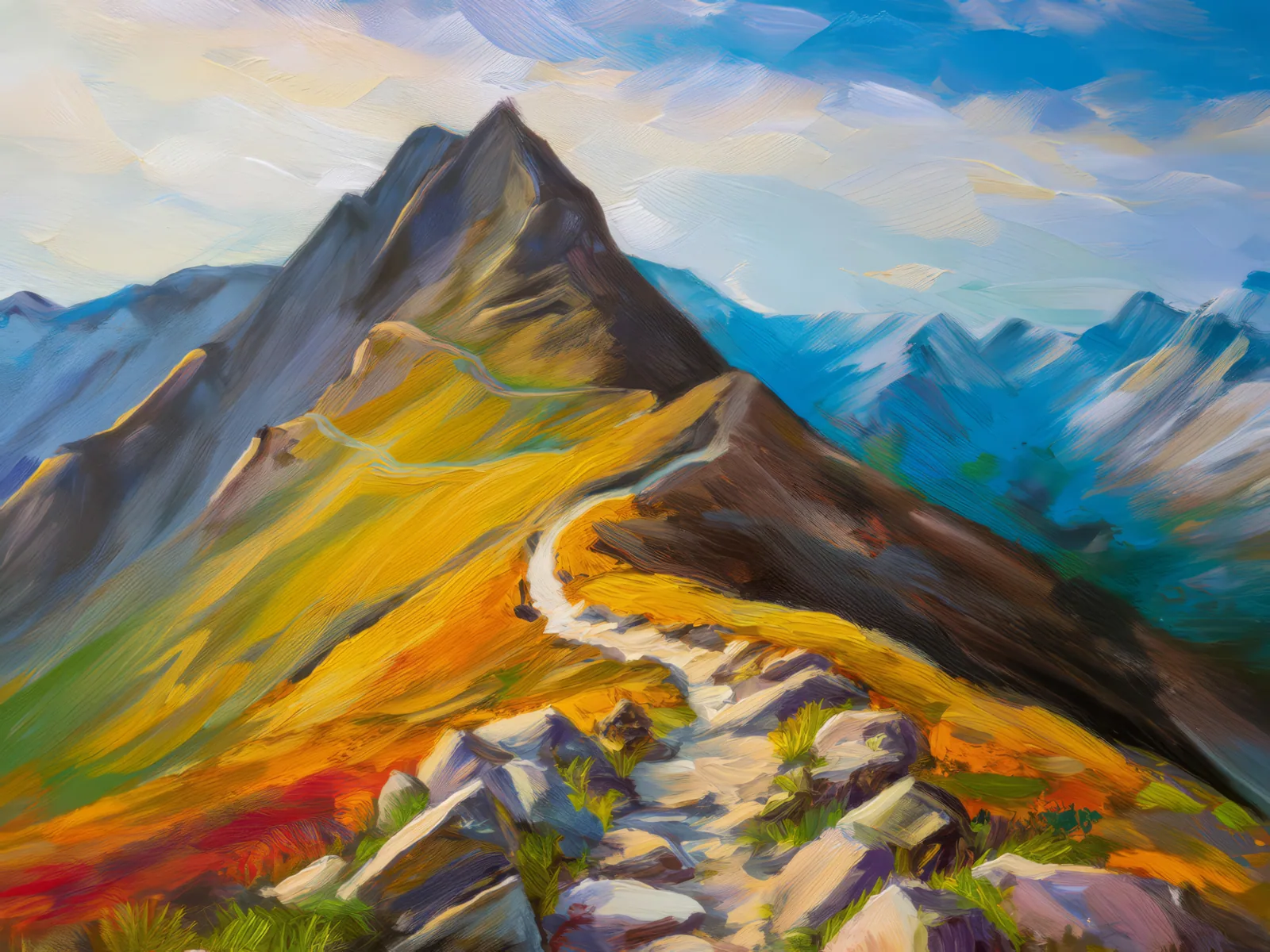 Rocky Ridge Trail, a palette-knife oil landscape by Emma Mickelberg