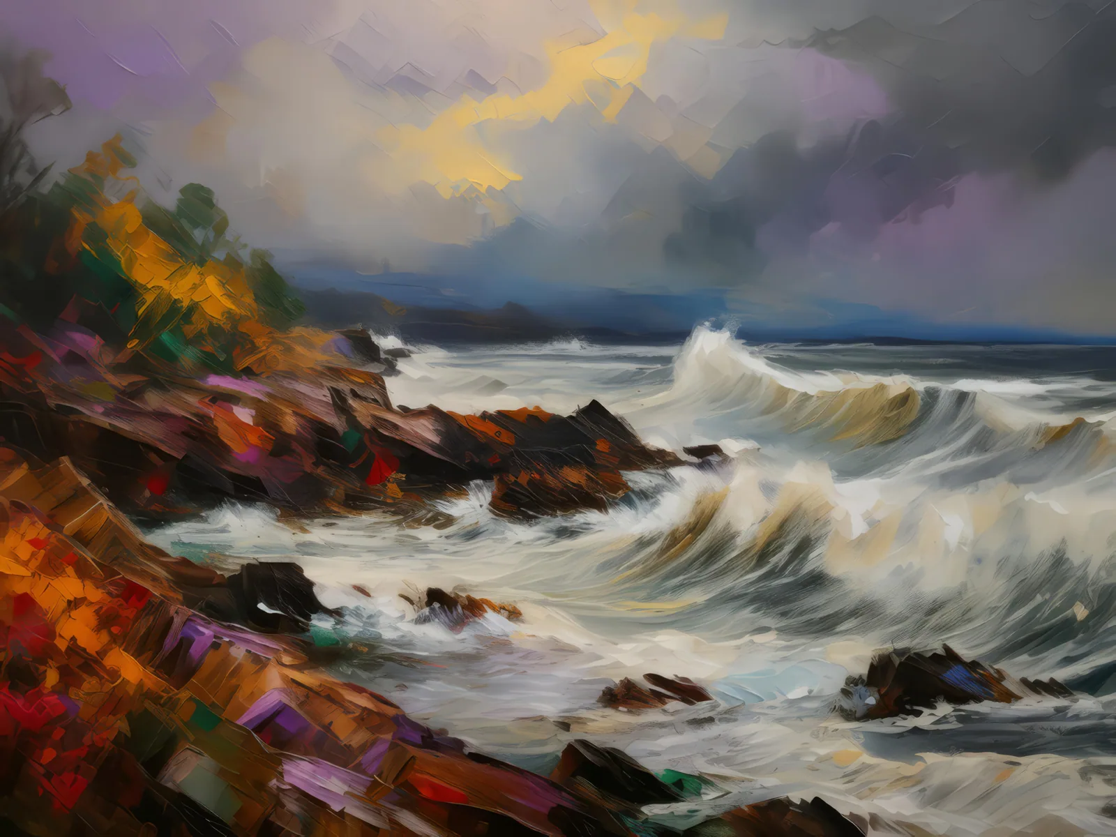 Rocky Seashore Storm, a palette-knife oil landscape by Emma Mickelberg