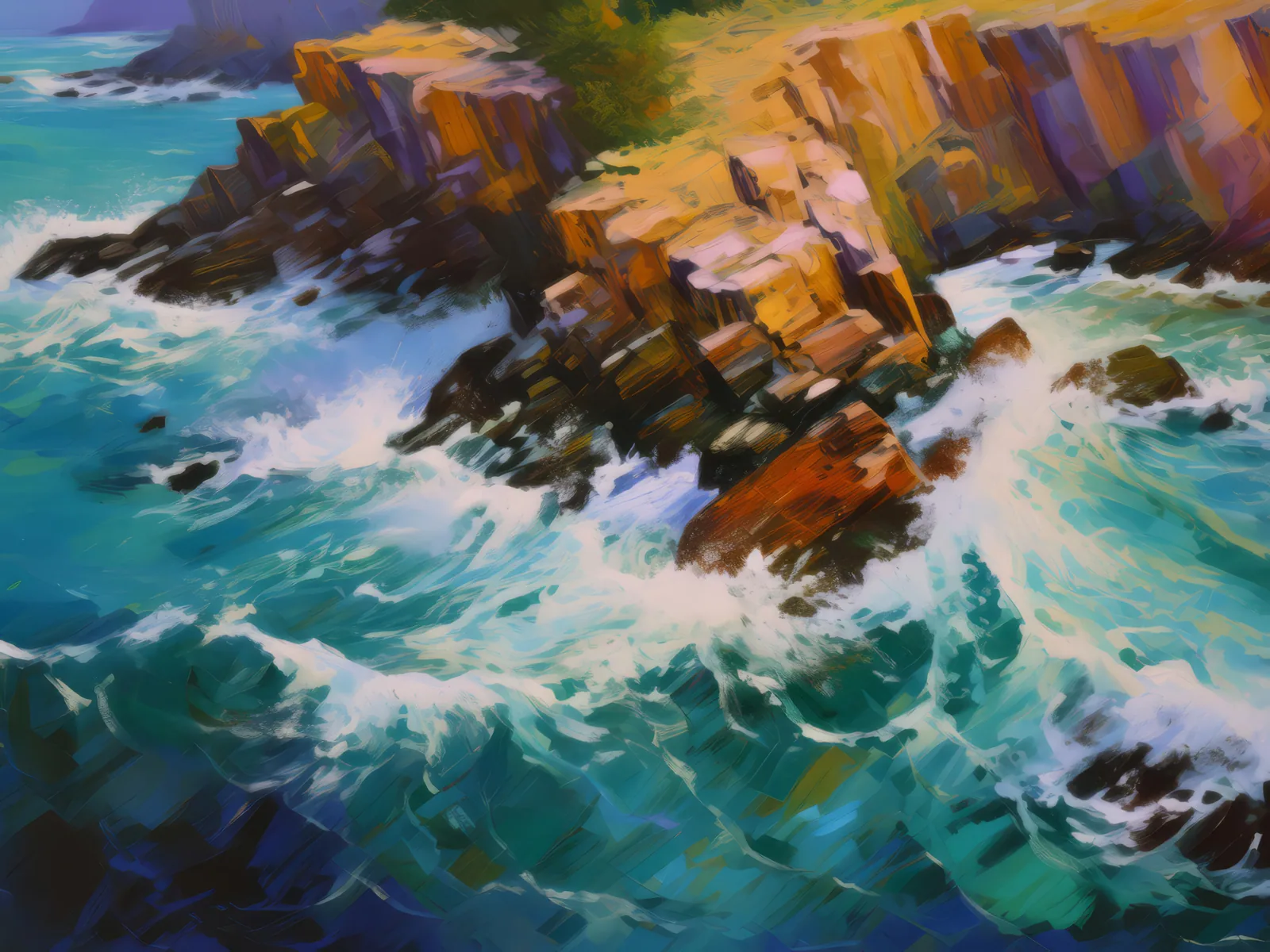 Rocky Shoreline Aerial View, a palette-knife oil landscape by Emma Mickelberg