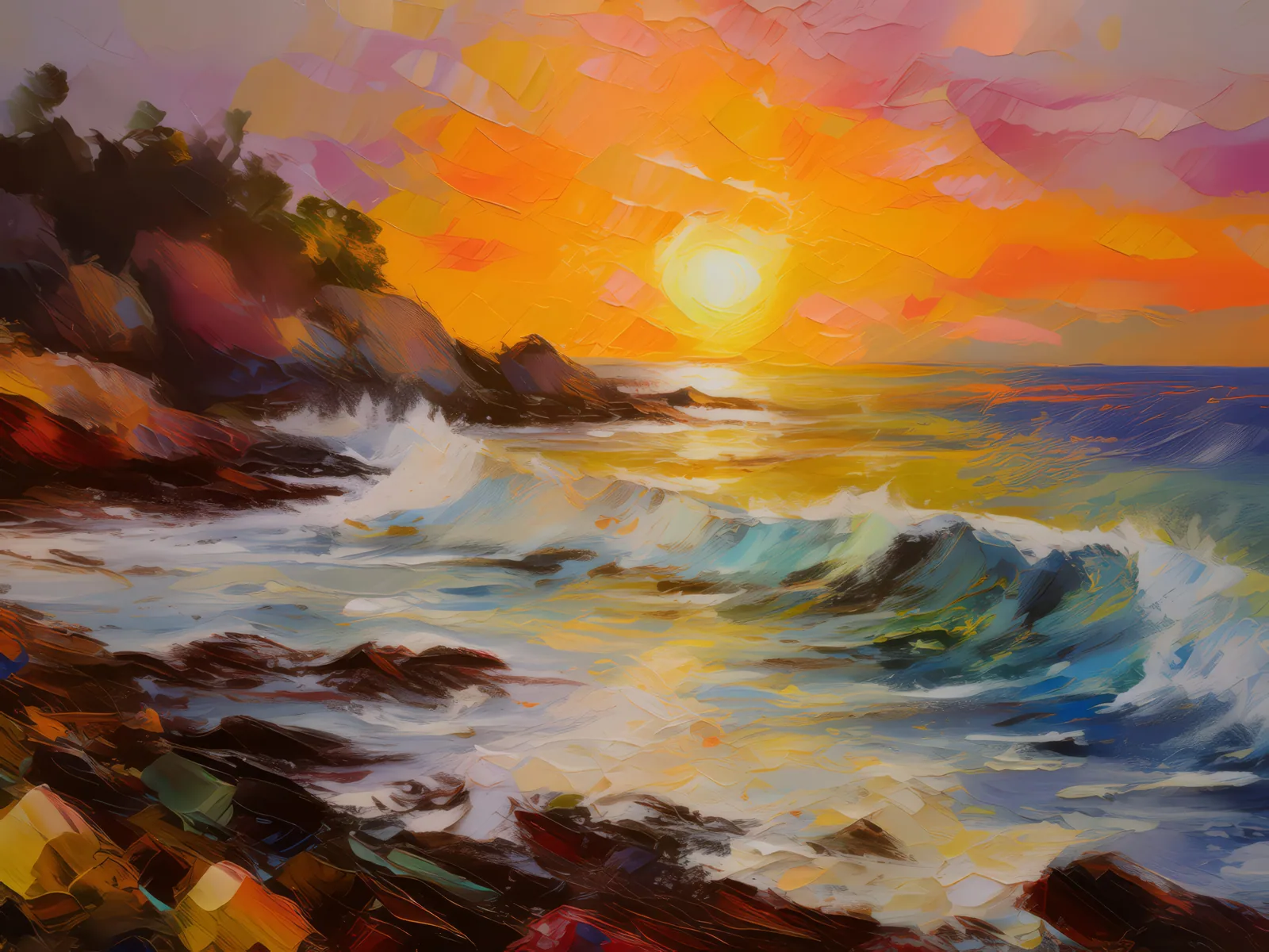 Rocky Shoreline at Dusk, a palette-knife oil landscape by Emma Mickelberg