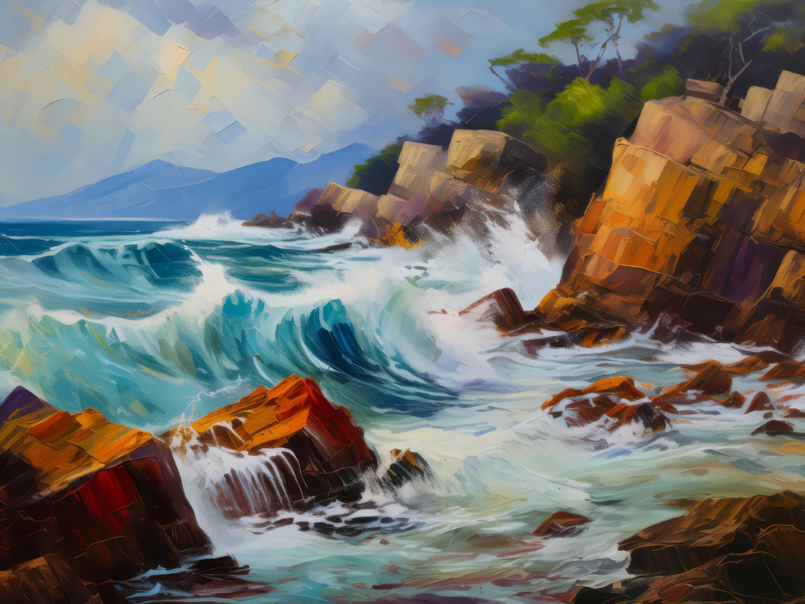 Rocky Shoreline at High Tide, a palette-knife oil landscape by Emma Mickelberg