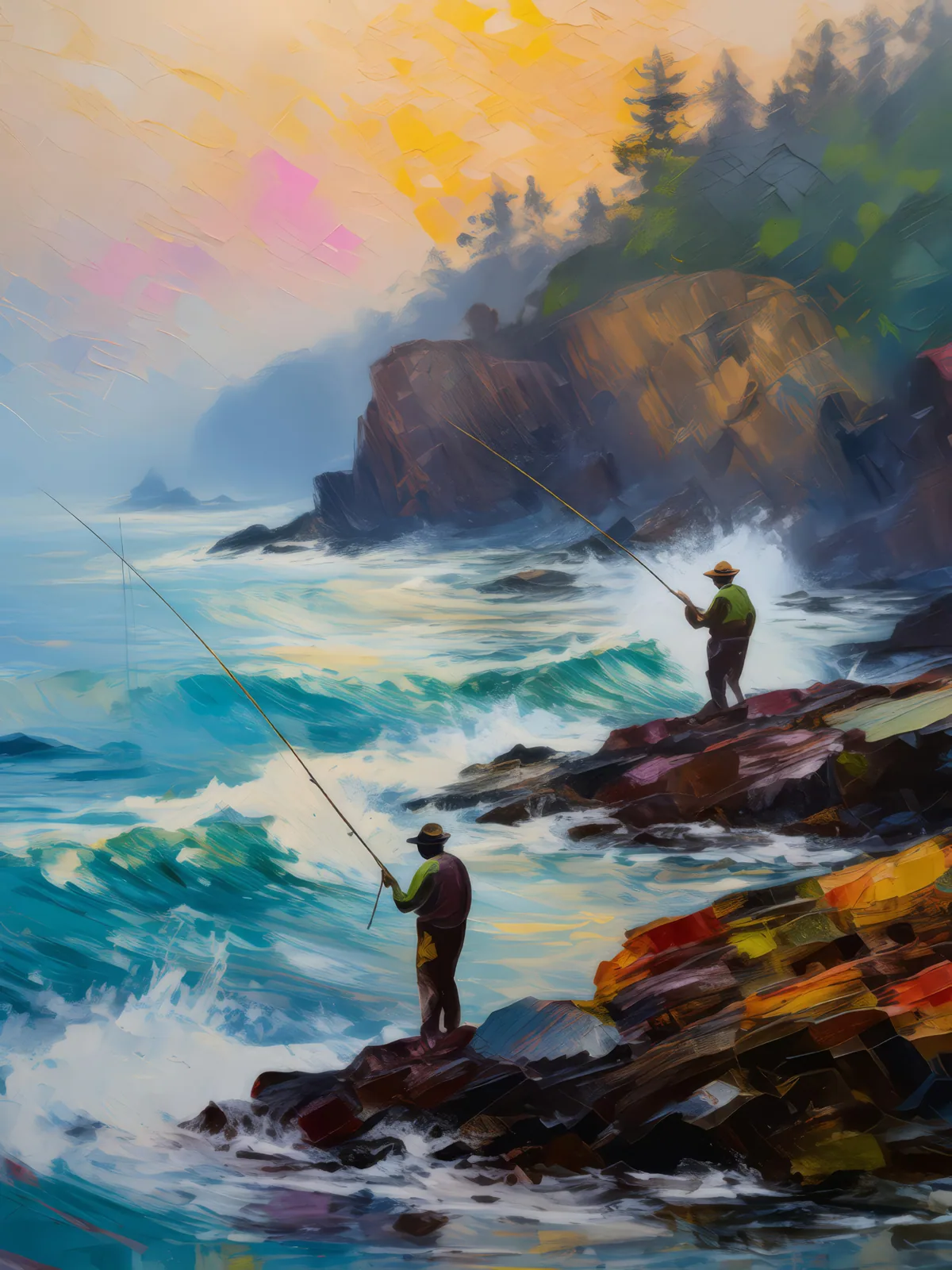 Rocky Shoreline Fishing, a palette-knife oil landscape by Emma Mickelberg