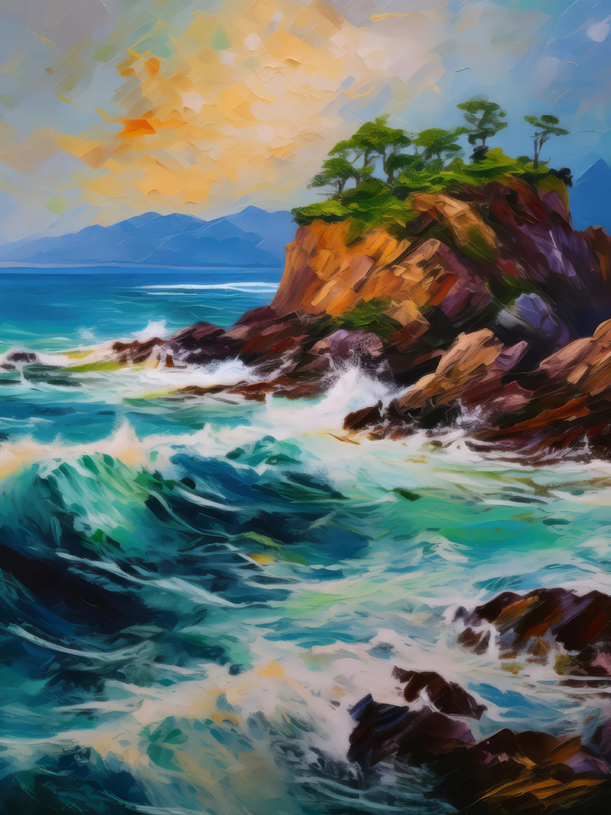 Rocky Shoreline Island, a palette-knife oil landscape by Emma Mickelberg