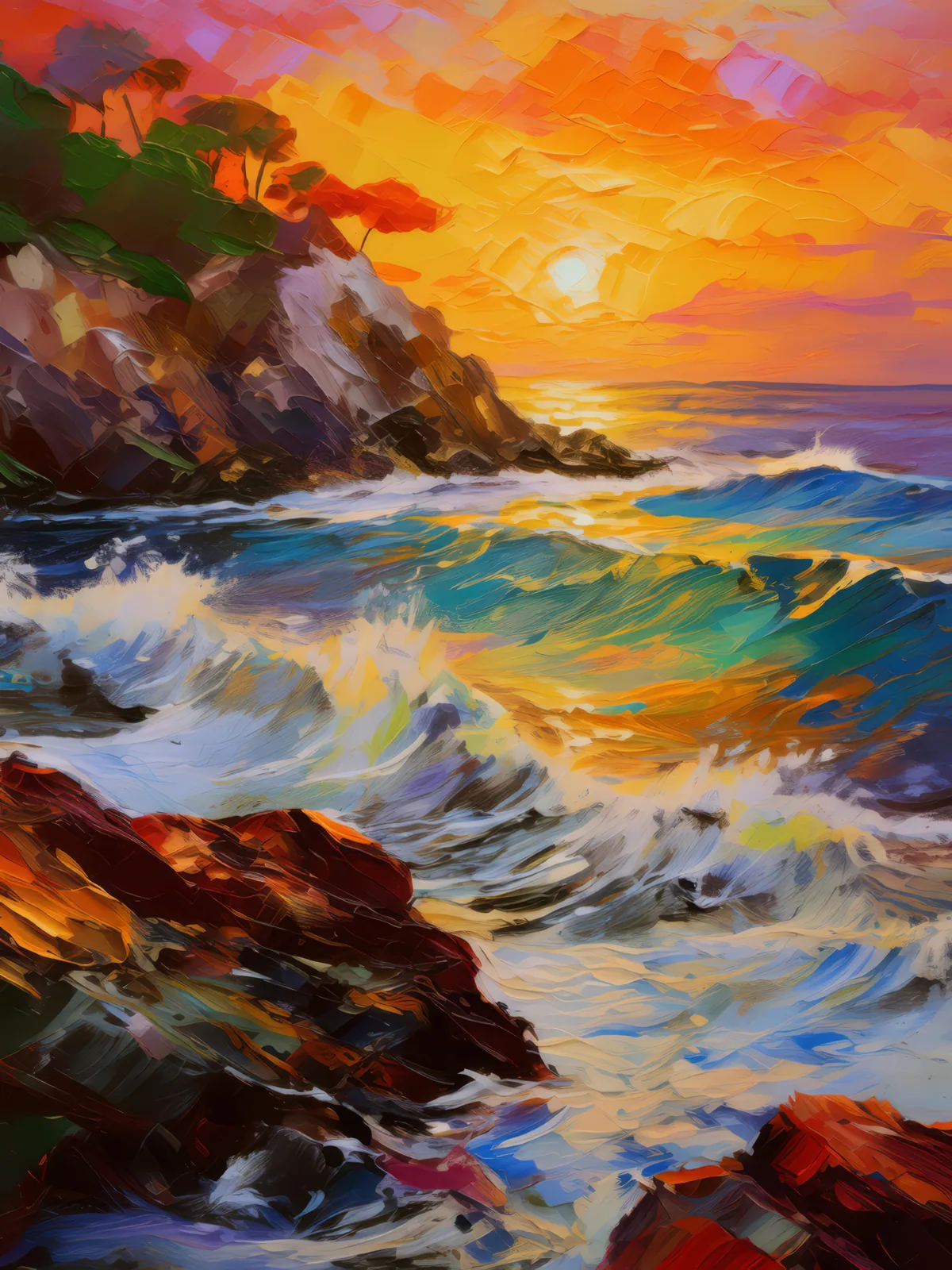 Rocky Shoreline Sunset, a palette-knife oil landscape by Emma Mickelberg