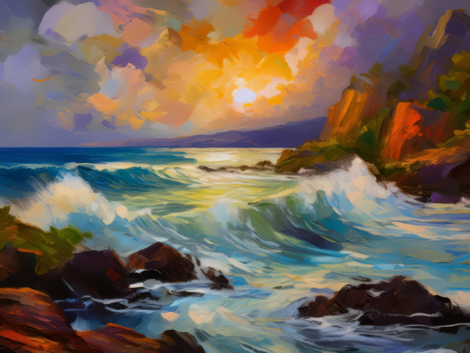 Rocky Shoreline Waves, a palette-knife oil landscape by Emma Mickelberg