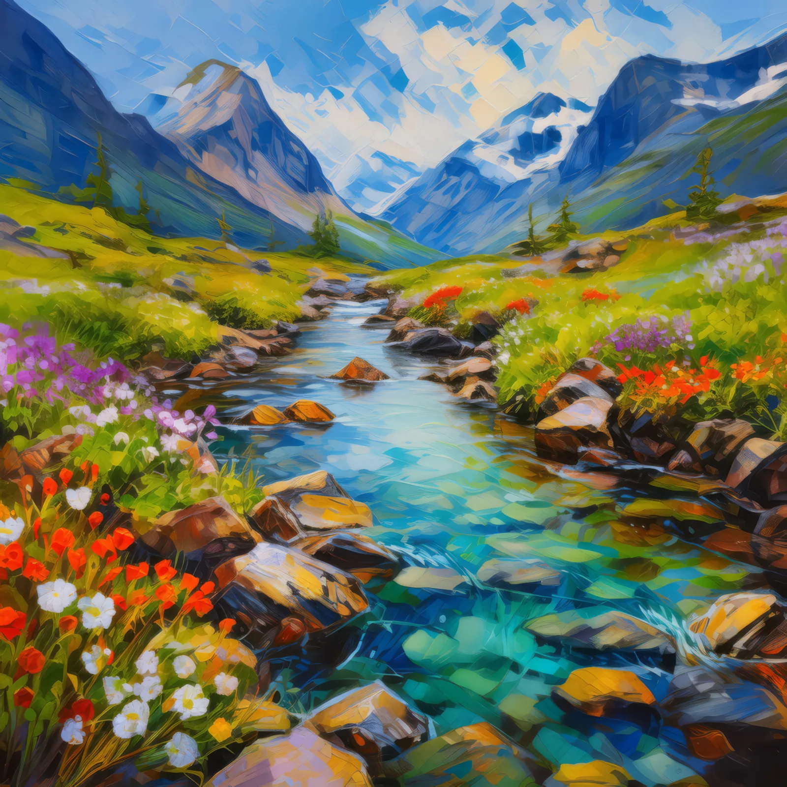 Rocky Stream, a palette-knife oil landscape by Emma Mickelberg