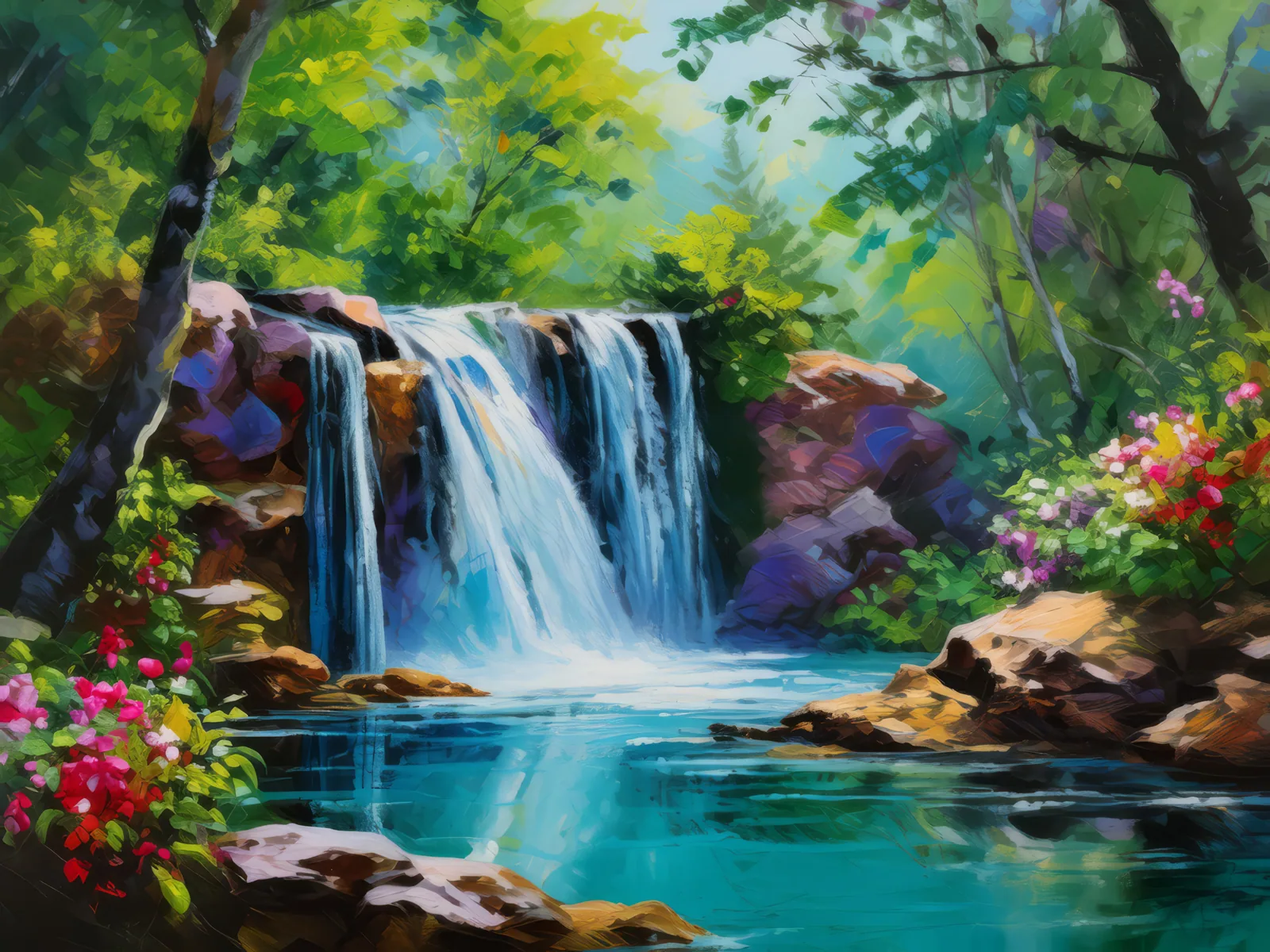 Rocky Waterfall Oasis, a palette-knife oil landscape by Emma Mickelberg