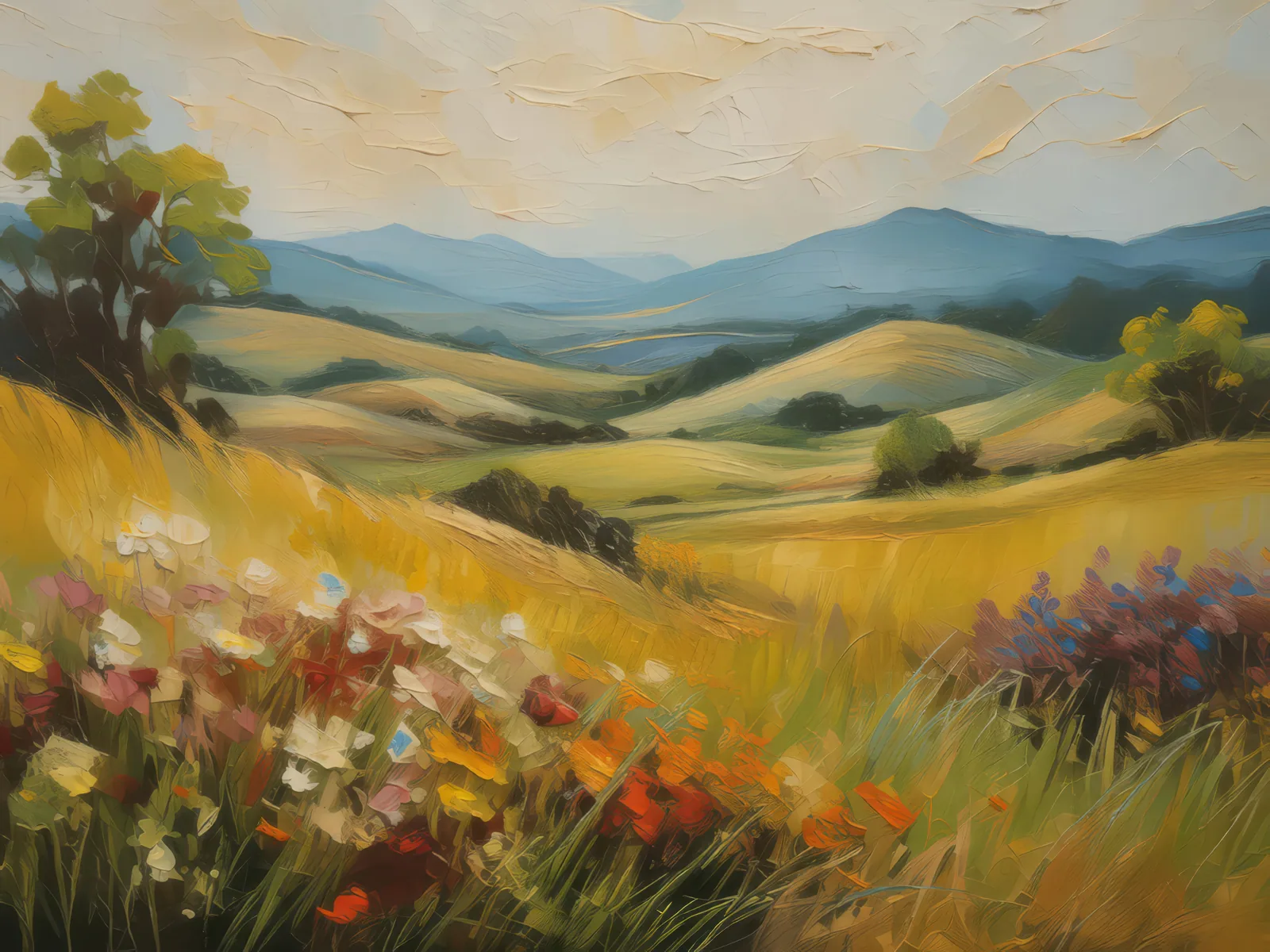 Rolling Grassland Hills, a palette-knife oil landscape by Emma Mickelberg