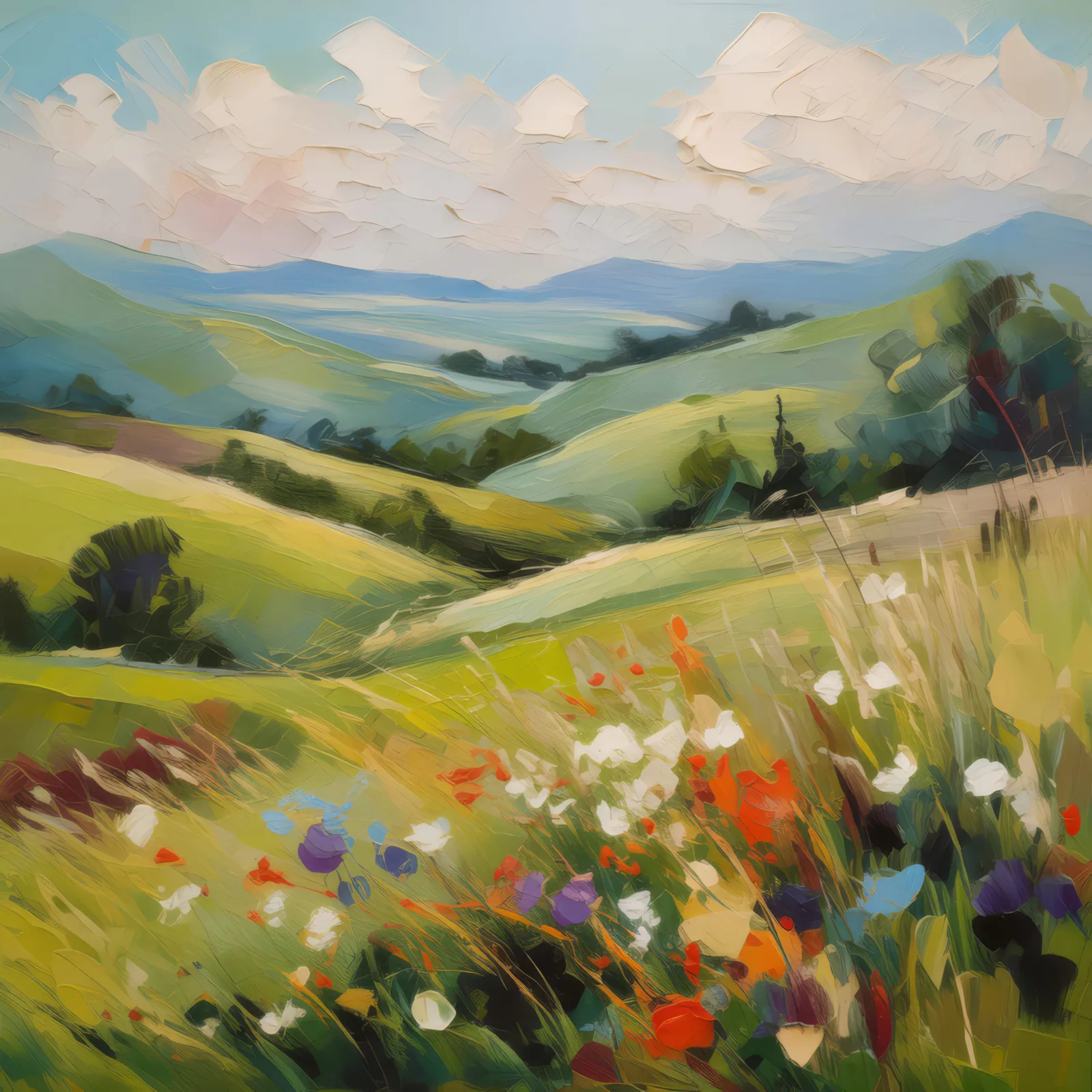 Rolling Hills Grassland, a palette-knife oil landscape by Emma Mickelberg