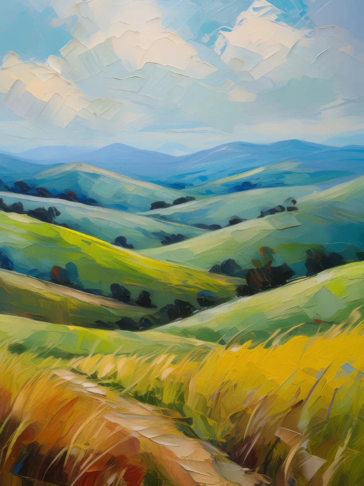 Rolling Hills of Grassland, a palette-knife oil landscape by Emma Mickelberg