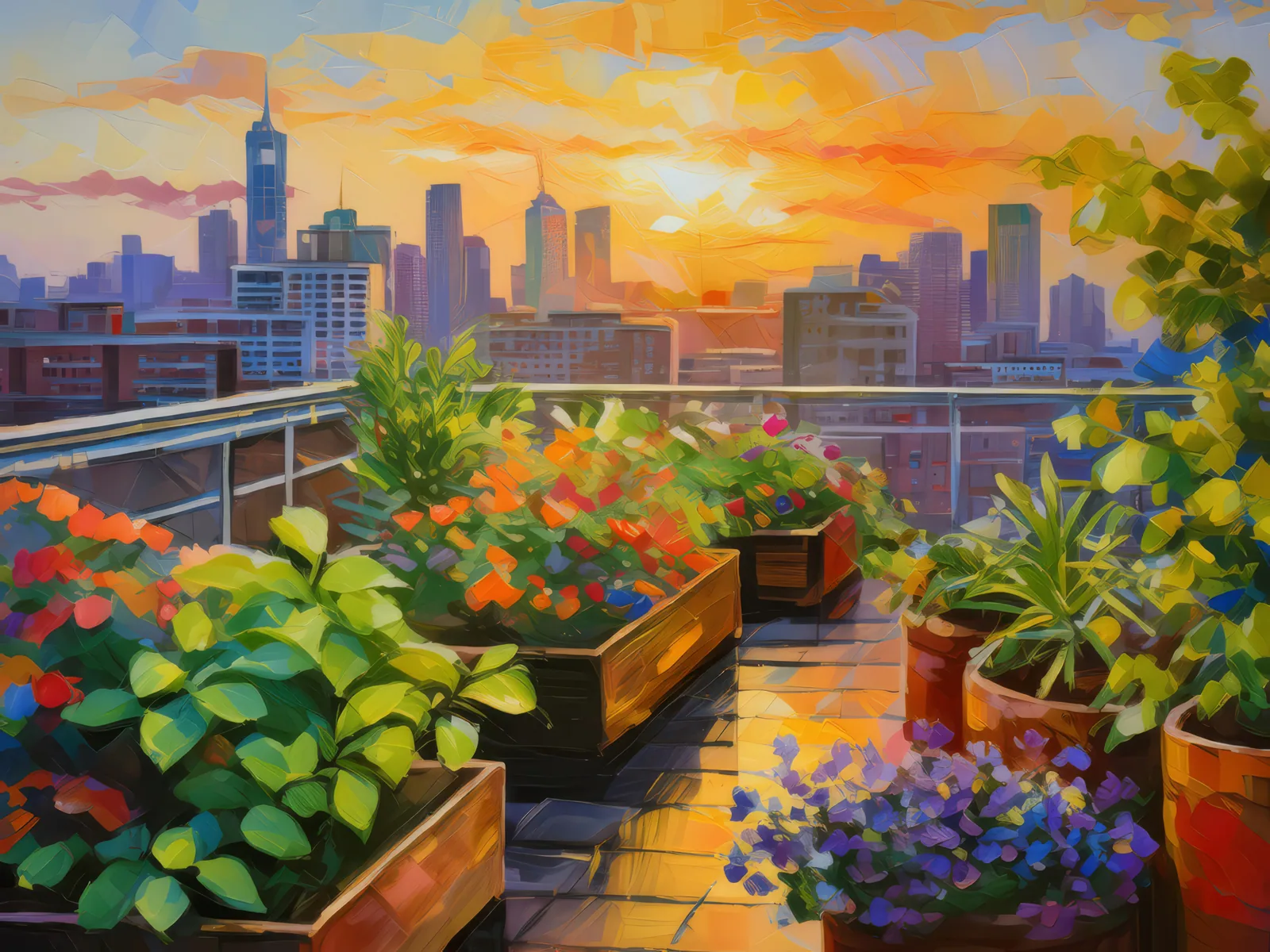 Rooftop Garden at Sunset, a palette-knife oil landscape by Emma Mickelberg