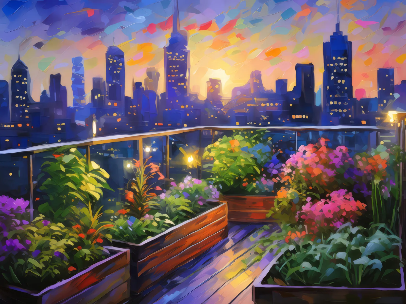 Rooftop Garden Dusk, a palette-knife oil landscape by Emma Mickelberg