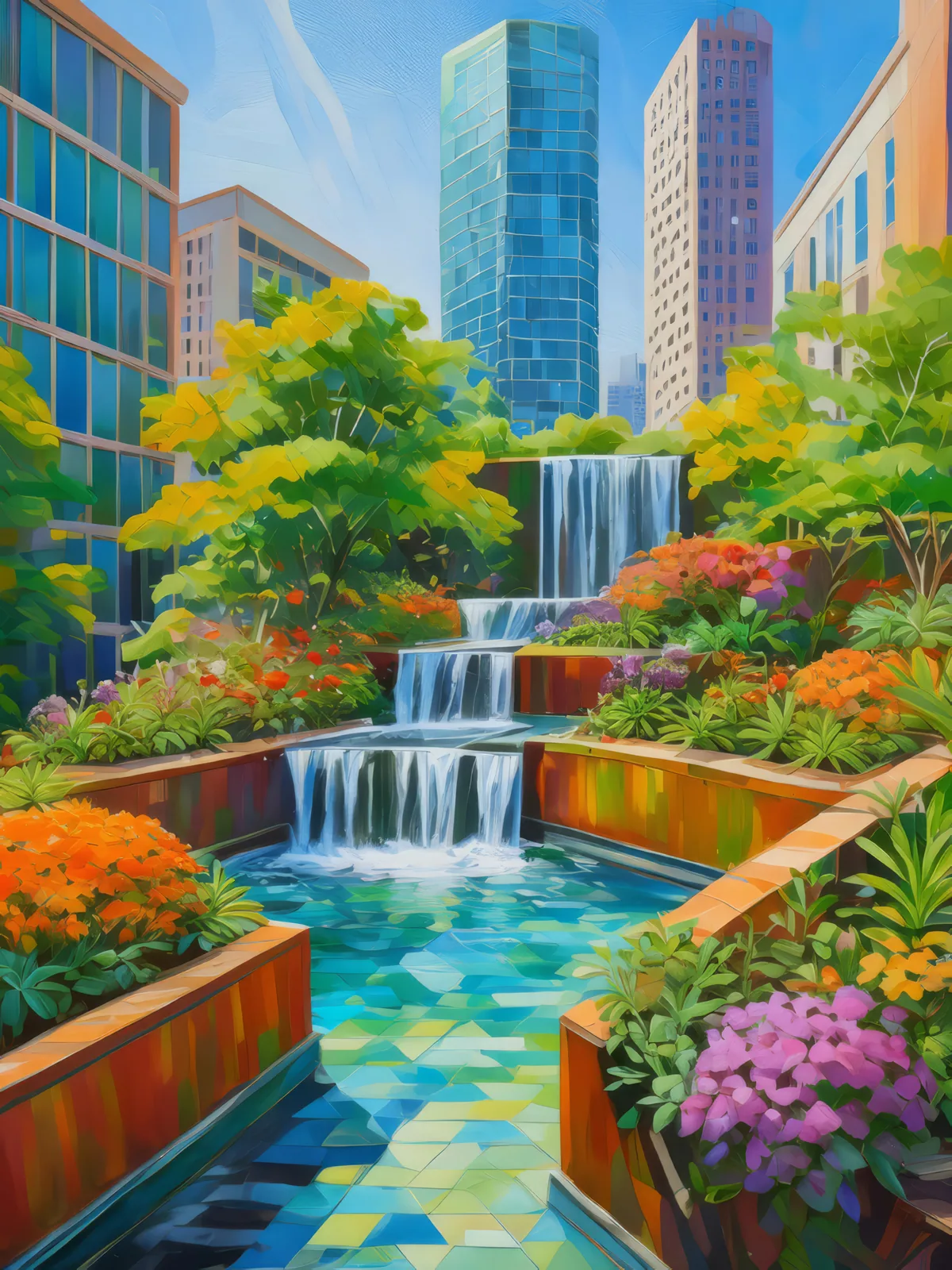 Rooftop Waterfall Garden, a palette-knife oil landscape by Emma Mickelberg