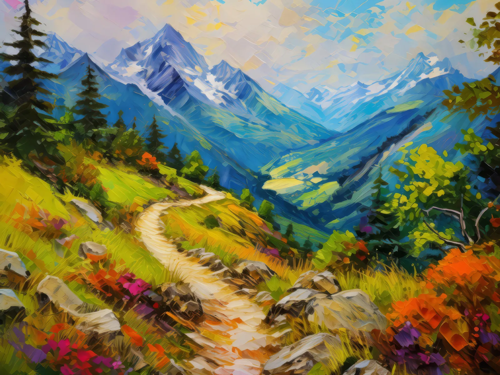 Rugged Alpine Path, a palette-knife oil landscape by Emma Mickelberg