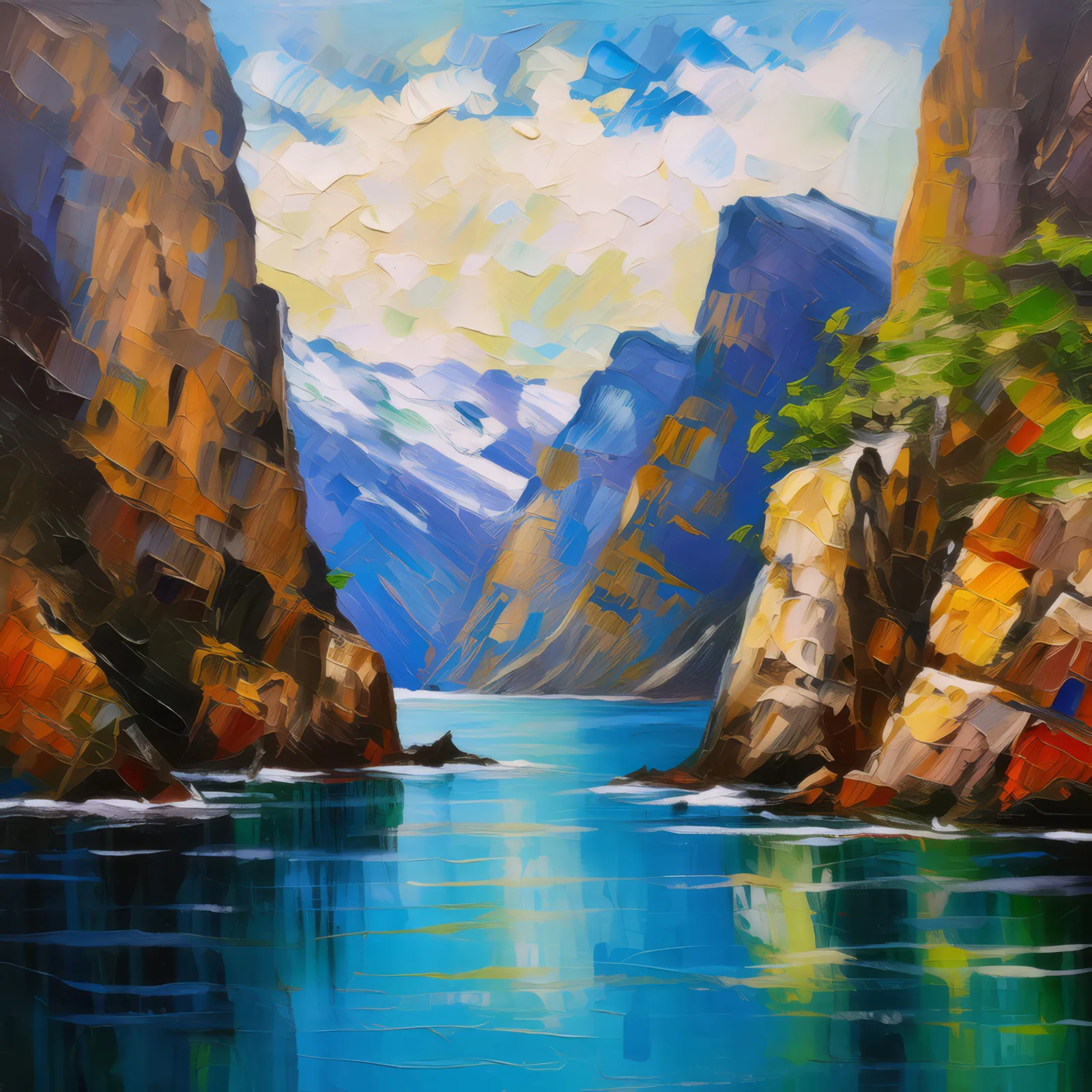 Rugged Cliffs of the Fjord, a palette-knife oil landscape by Emma Mickelberg