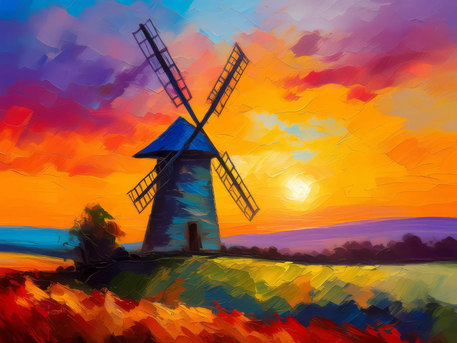 Rural Windmill at Sunset, a palette-knife oil landscape by Emma Mickelberg