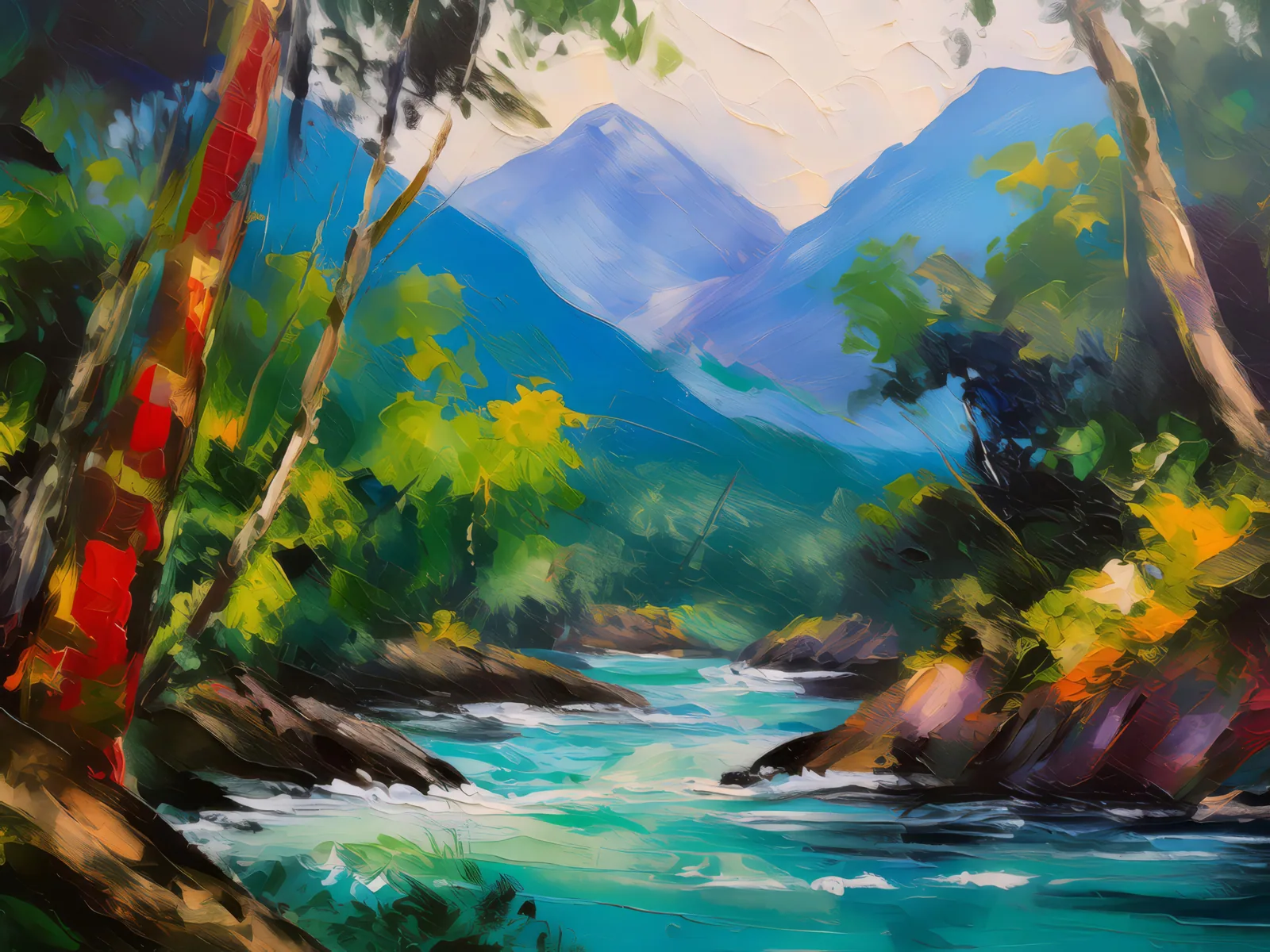 Rushing River Mountain Base, a palette-knife oil landscape by Emma Mickelberg