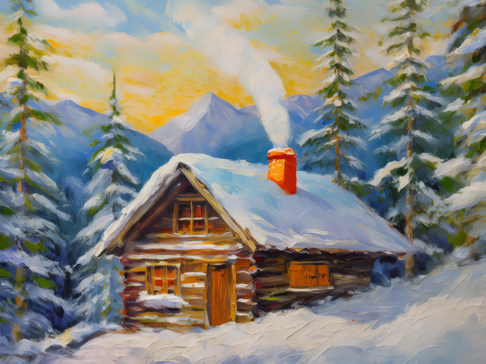 Rustic Alpine Cabin Life, a palette-knife oil landscape by Emma Mickelberg