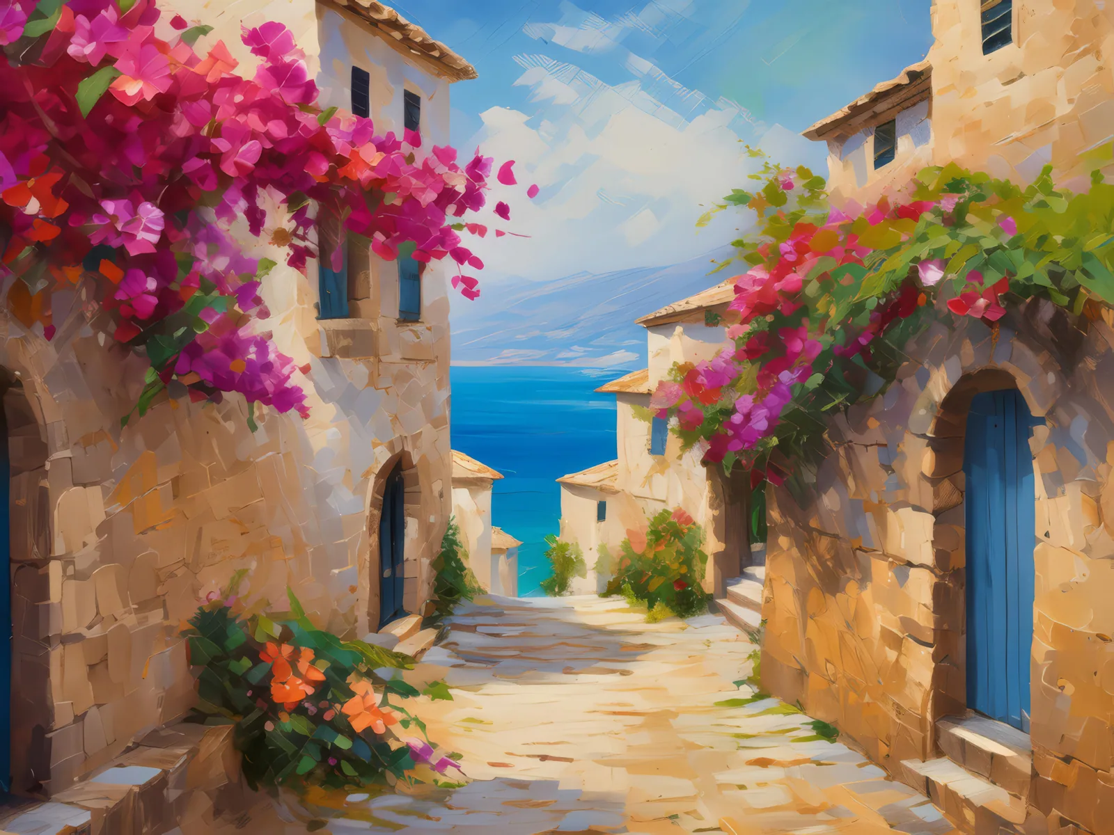 Rustic Mediterranean Alley, a palette-knife oil landscape by Emma Mickelberg