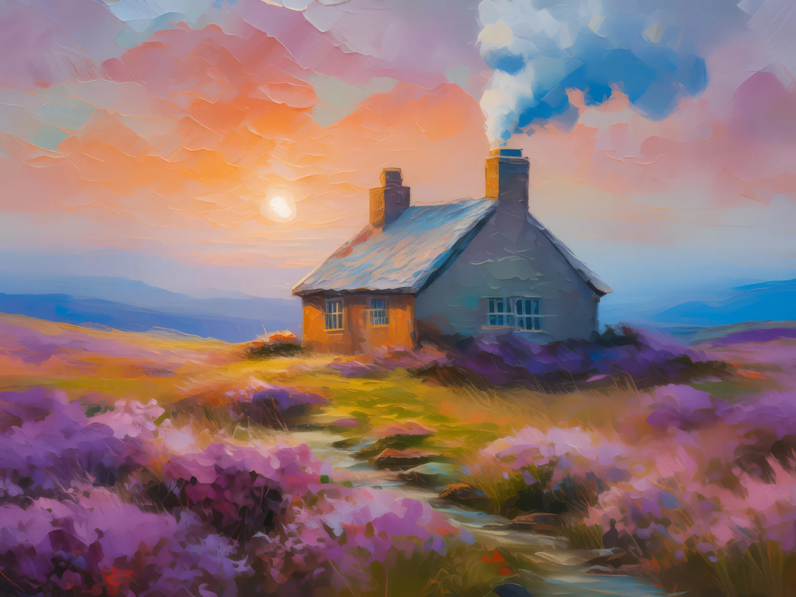 Rustic Moorland Cottage, a palette-knife oil landscape by Emma Mickelberg