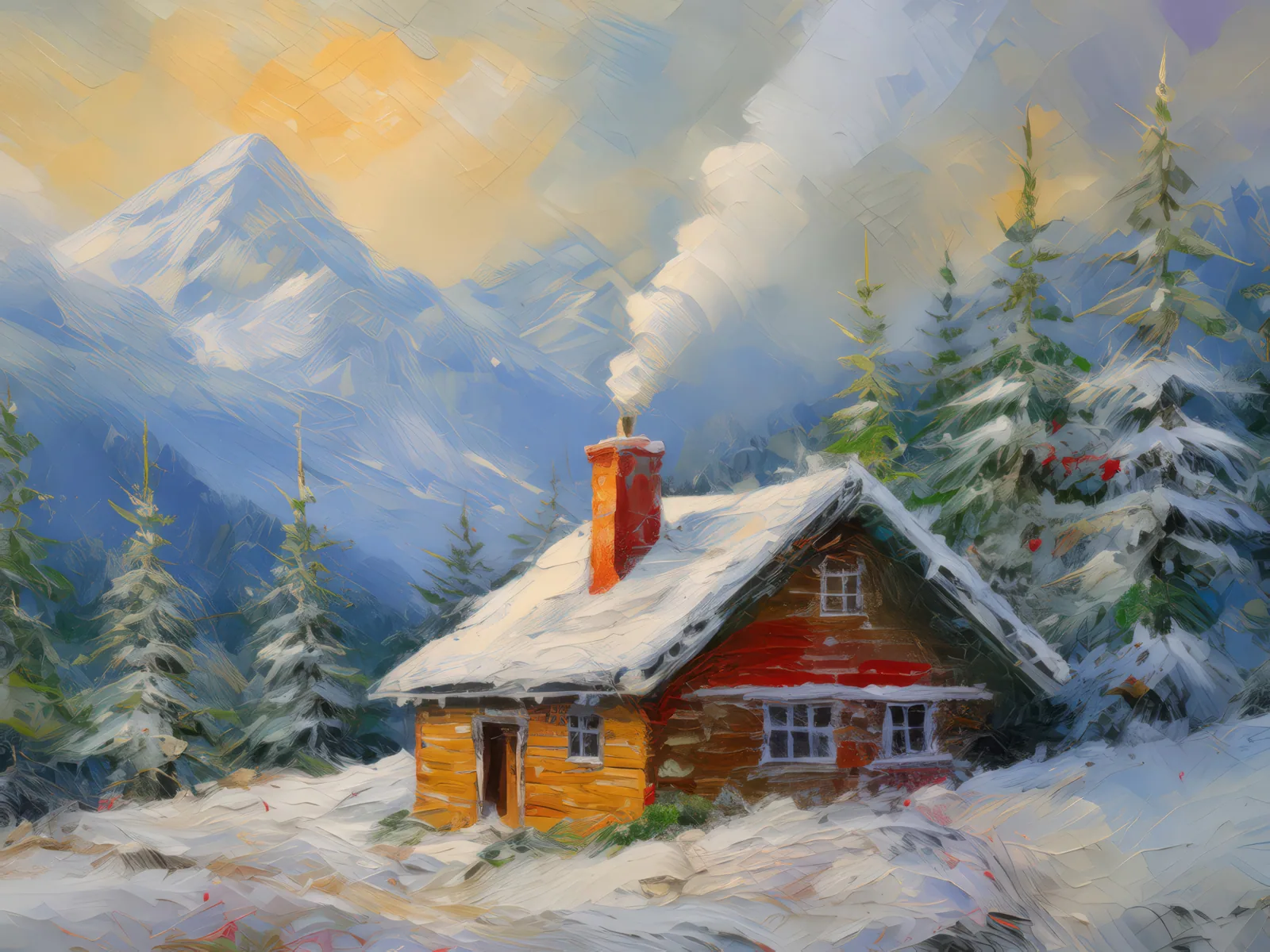 Rustic Mountain Cabin, a palette-knife oil landscape by Emma Mickelberg