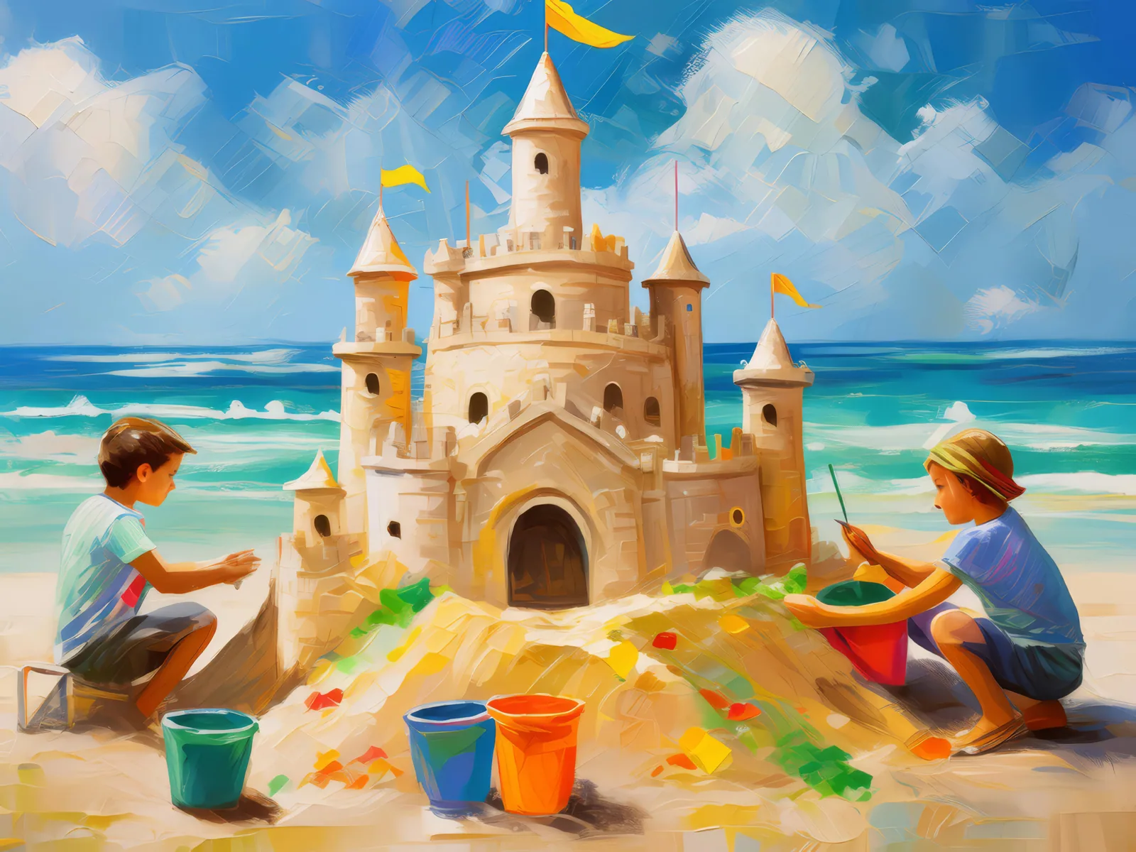 Sandcastle Building, a palette-knife oil landscape by Emma Mickelberg