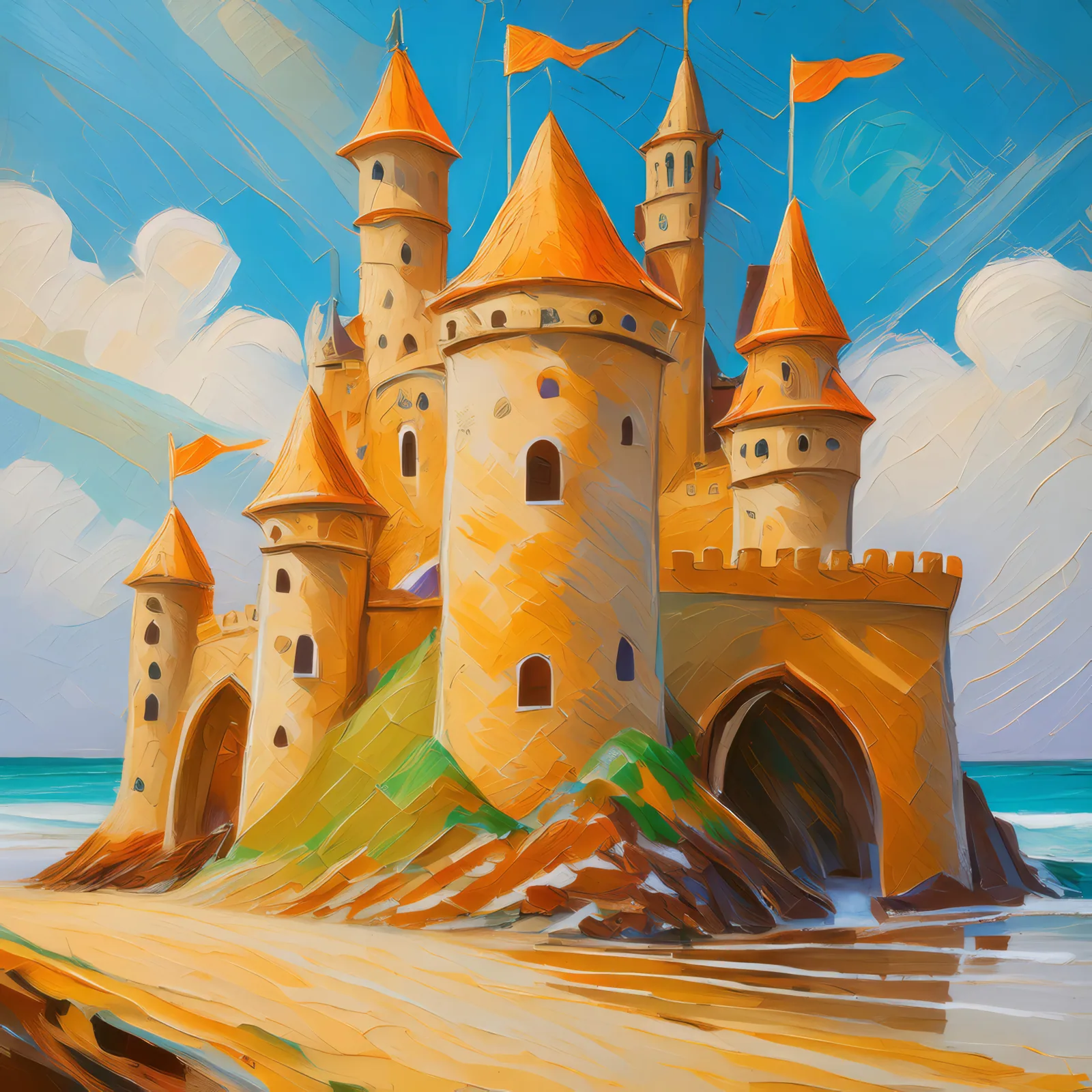 Sandcastle Masterpiece, a palette-knife oil landscape by Emma Mickelberg