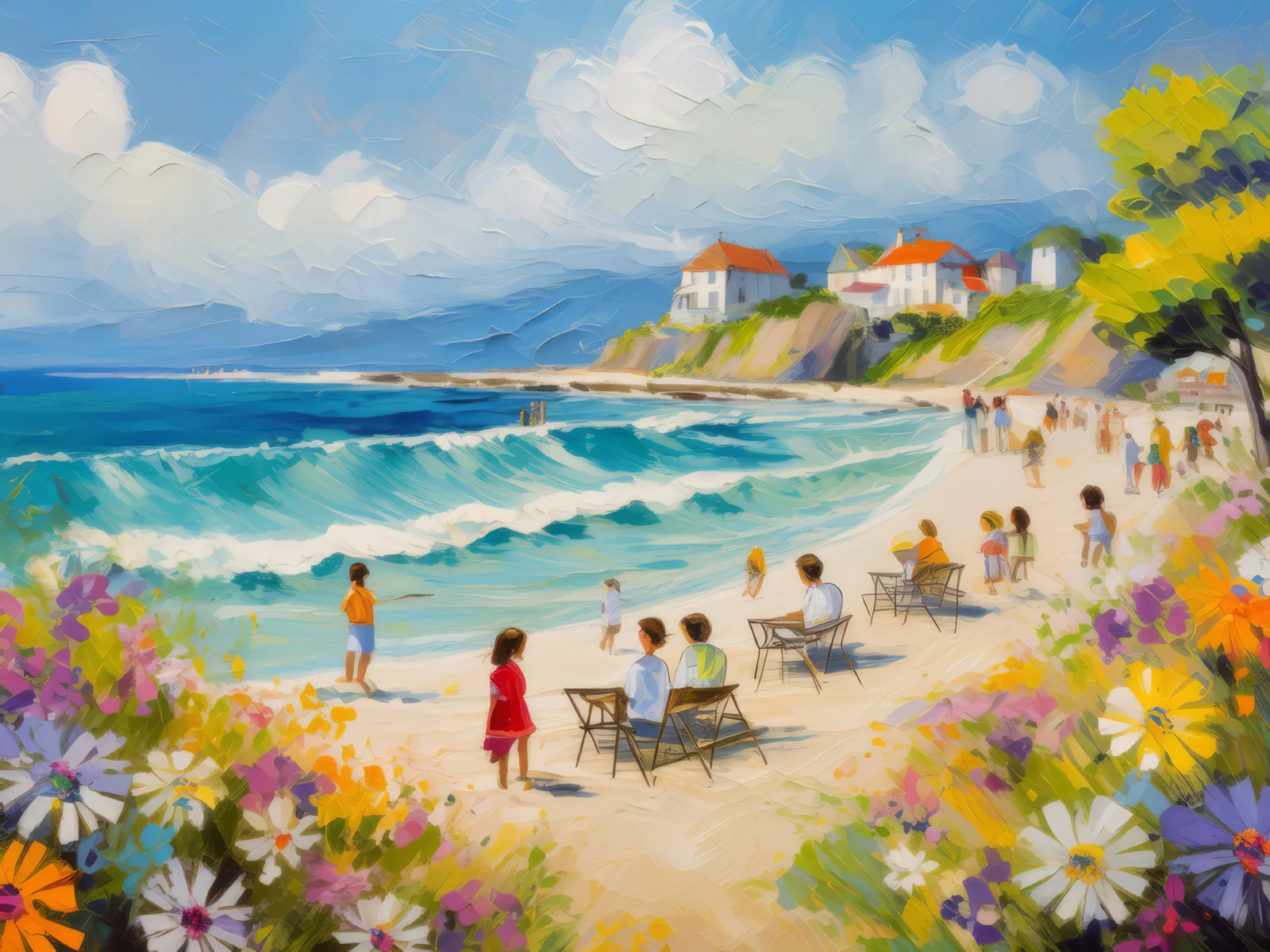 Sandy Beach Picnic, a palette-knife oil landscape by Emma Mickelberg