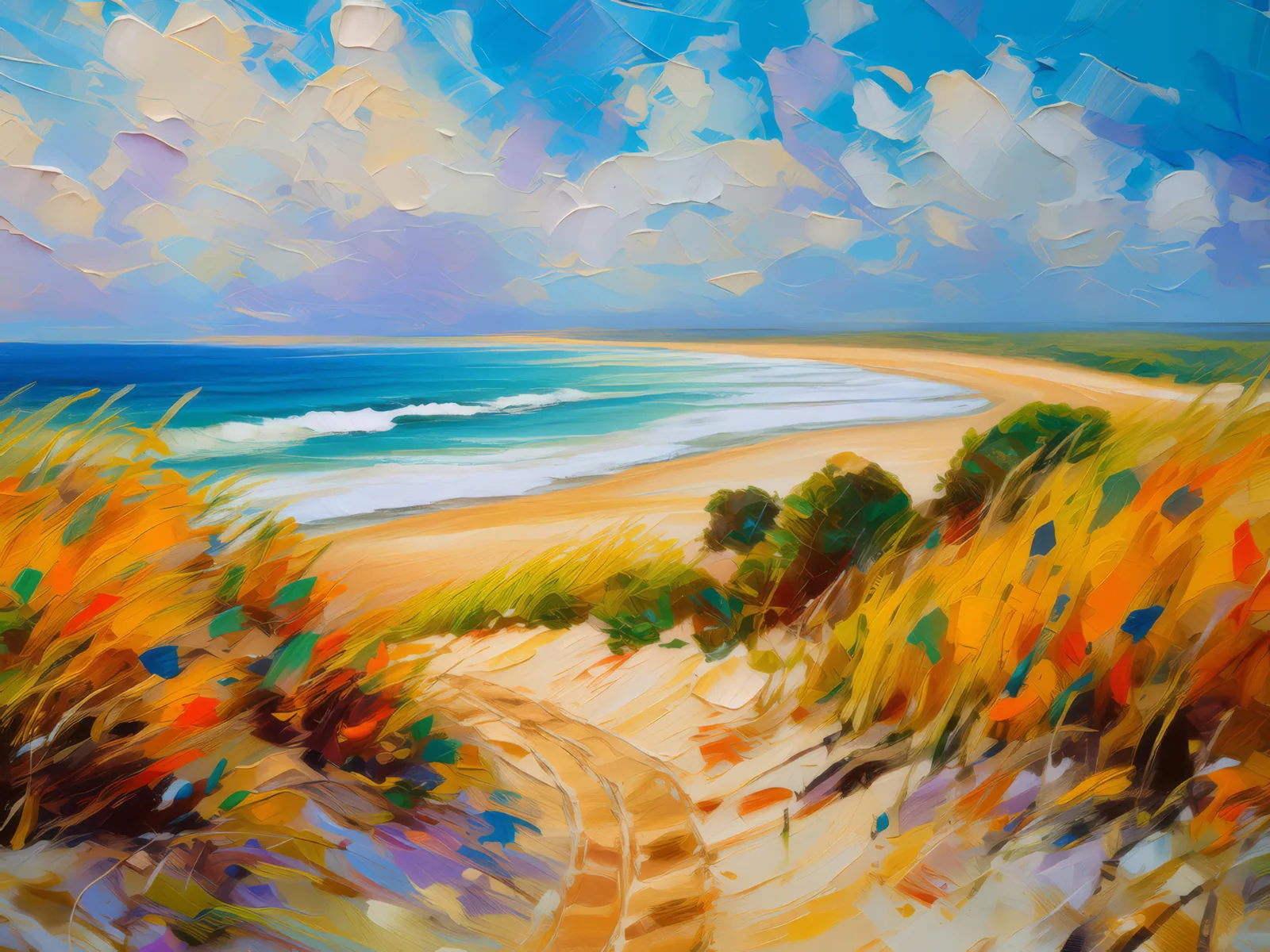 Sandy Dunes Beach, a palette-knife oil landscape by Emma Mickelberg
