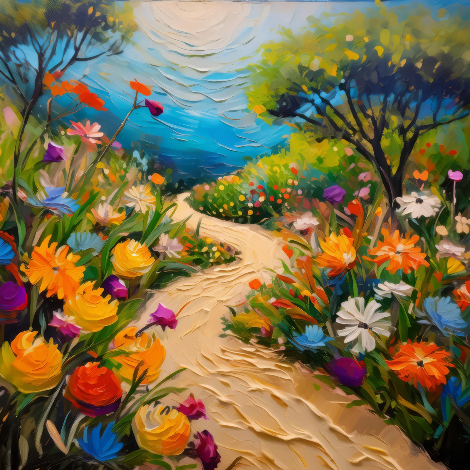 Sandy Garden Path, a palette-knife oil landscape by Emma Mickelberg