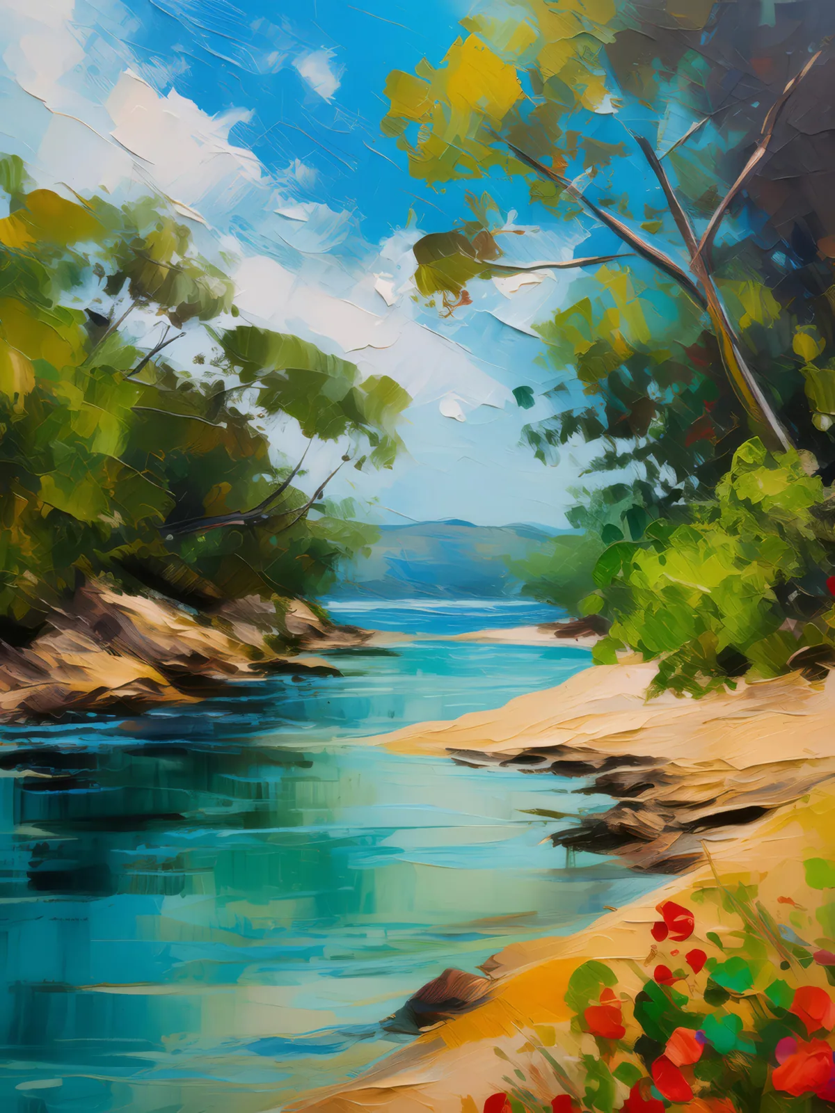 Sandy Riverbank, a palette-knife oil landscape by Emma Mickelberg
