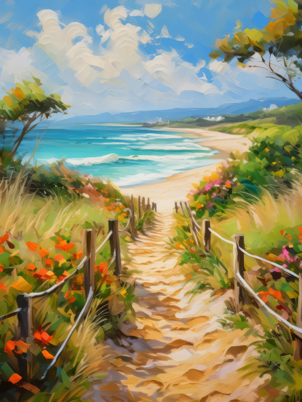 Scenic Beach Pathway, a palette-knife oil landscape by Emma Mickelberg