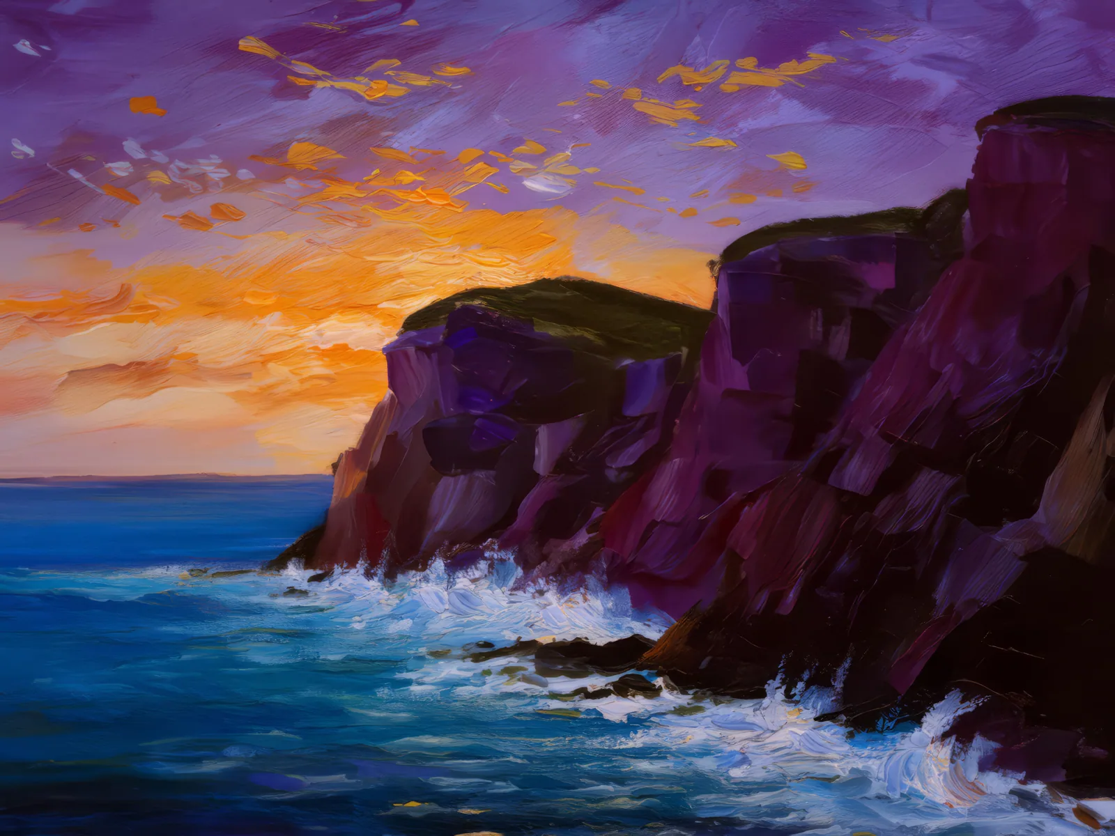 Sea Cliffs at Twilight, a palette-knife oil landscape by Emma Mickelberg