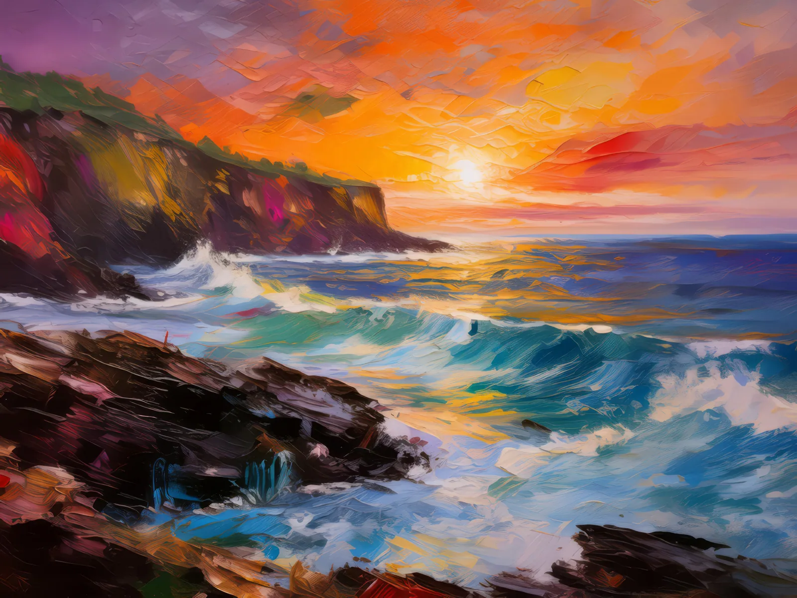 Seaside Cliff Sunset, a palette-knife oil landscape by Emma Mickelberg